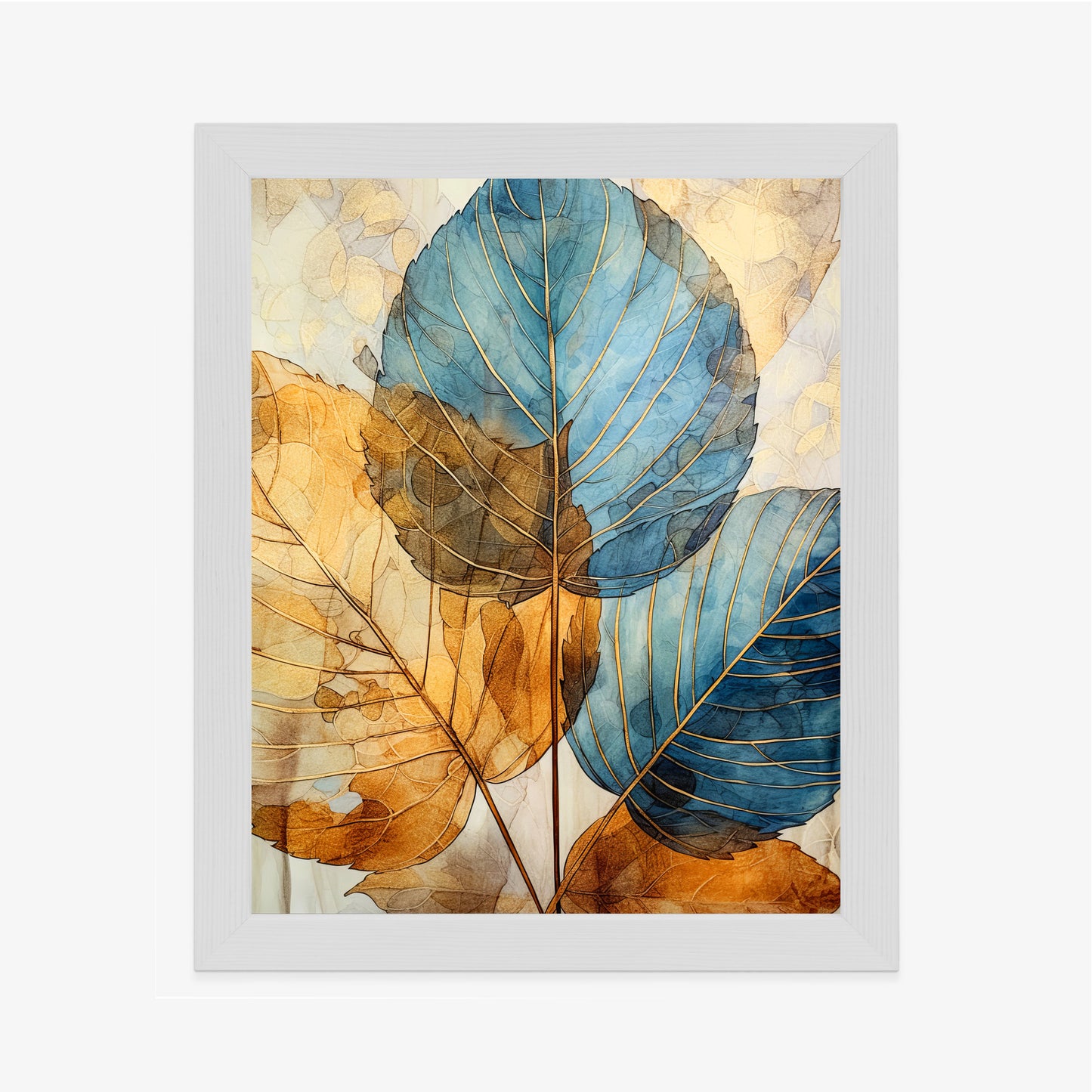 Poster Goldene Und Blaue Aquarellblätter Rahmen Holz Mit Passepartout Farbe Natürlich