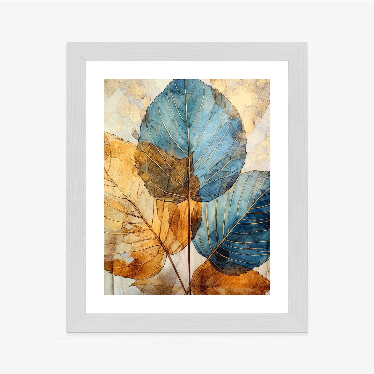 Poster Goldene Und Blaue Aquarellblätter Rahmen Holz Mit Passepartout Farbe Natürlich