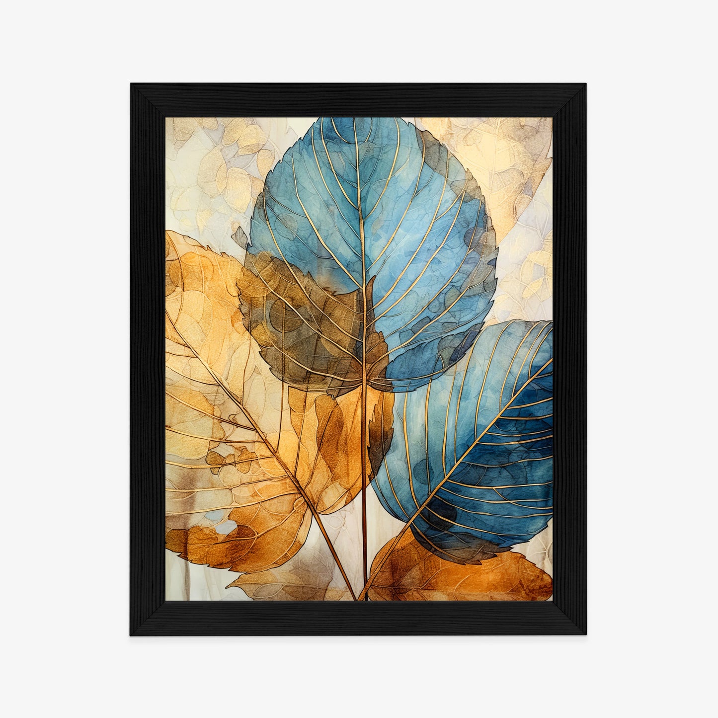 Poster Goldene Und Blaue Aquarellblätter Rahmen Holz Mit Passepartout Farbe Natürlich