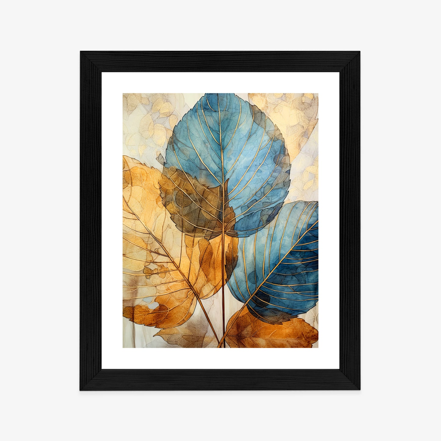 Poster Goldene Und Blaue Aquarellblätter Rahmen Holz Mit Passepartout Farbe Natürlich