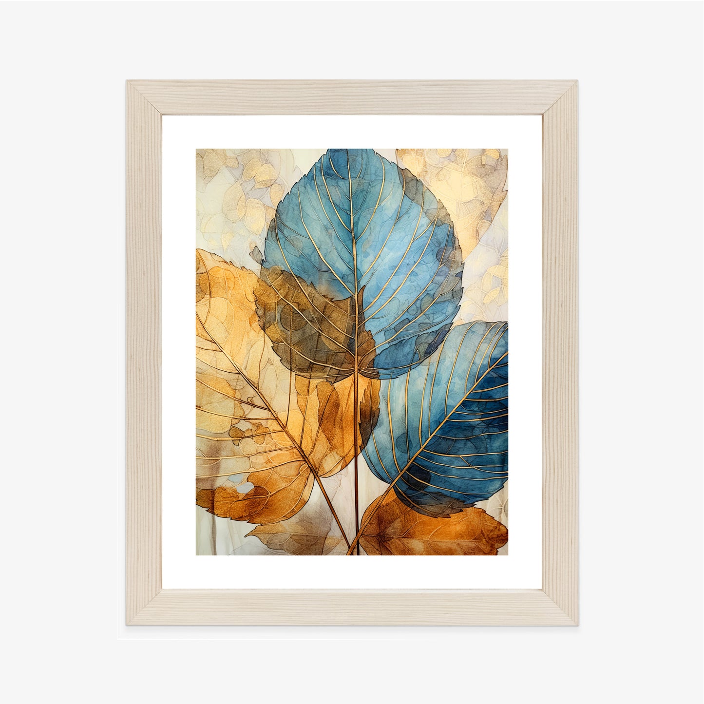 Poster Goldene Und Blaue Aquarellblätter Rahmen Holz Mit Passepartout Farbe Natürlich