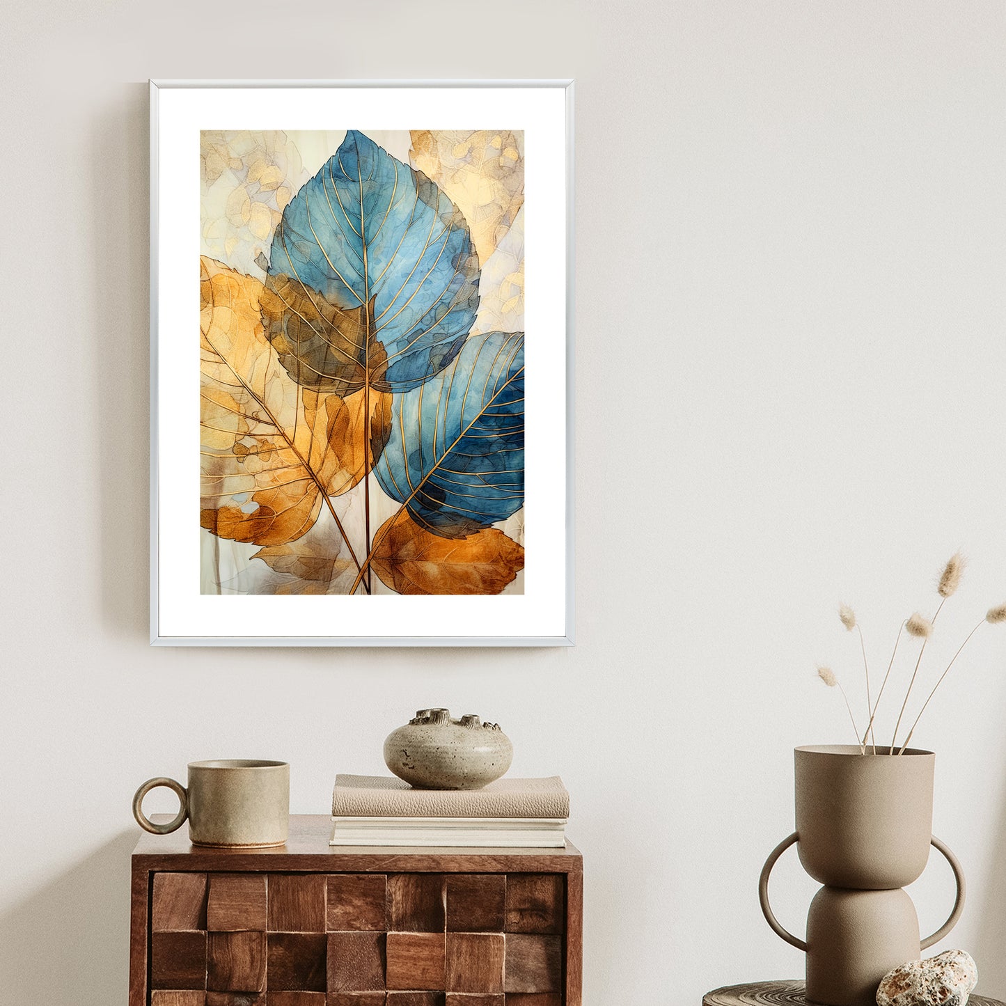 Poster Goldene Und Blaue Aquarellblätter Rahmen Holz Mit Passepartout Farbe Natürlich