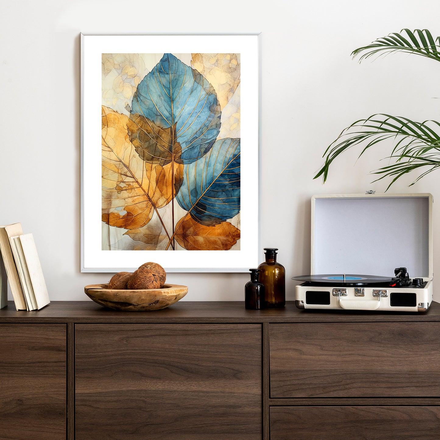Poster Goldene Und Blaue Aquarellblätter Rahmen Holz Mit Passepartout Farbe Natürlich