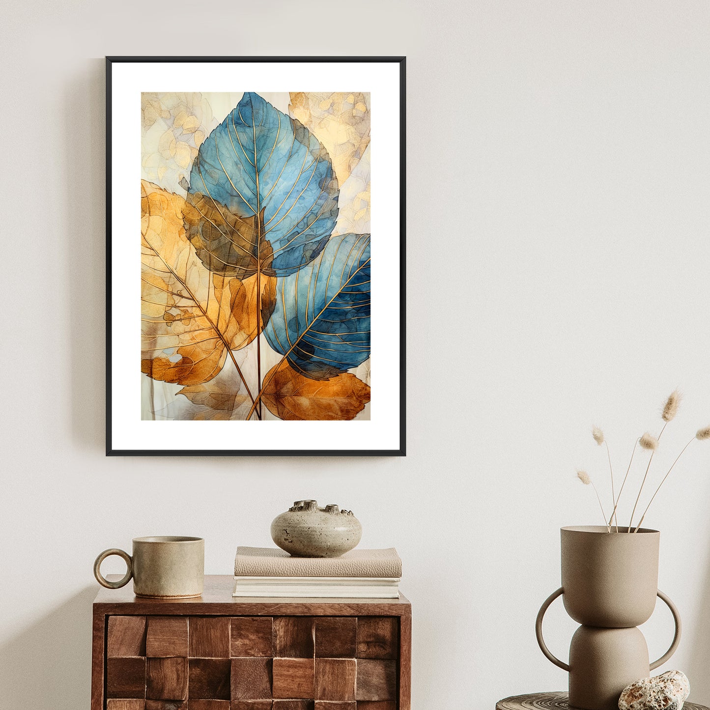 Poster Goldene Und Blaue Aquarellblätter Rahmen Holz Mit Passepartout Farbe Natürlich