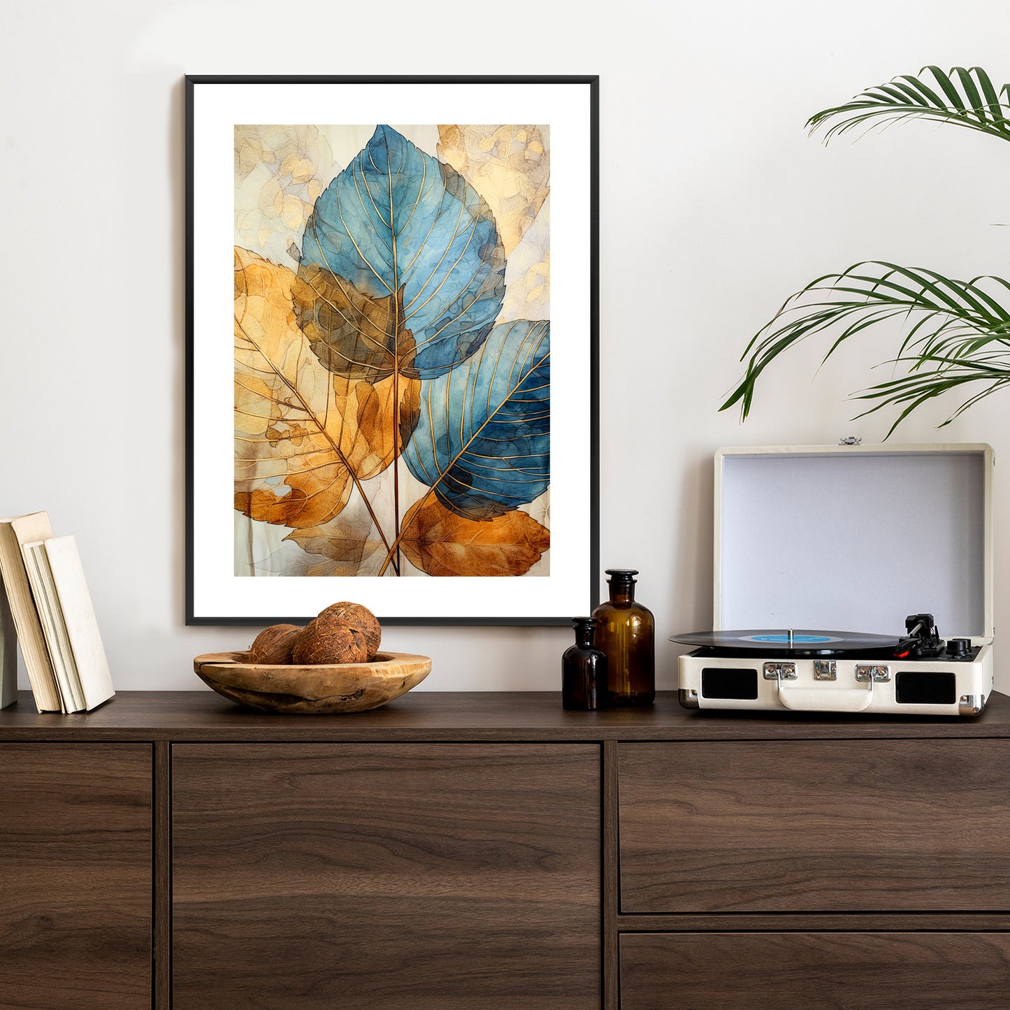 Poster Goldene Und Blaue Aquarellblätter Rahmen Holz Mit Passepartout Farbe Natürlich