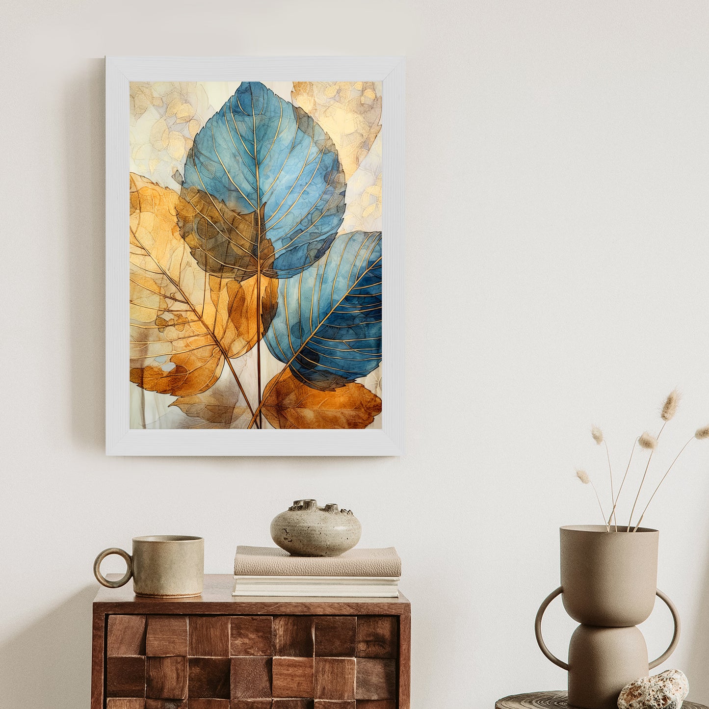 Poster Goldene Und Blaue Aquarellblätter Rahmen Holz Mit Passepartout Farbe Natürlich