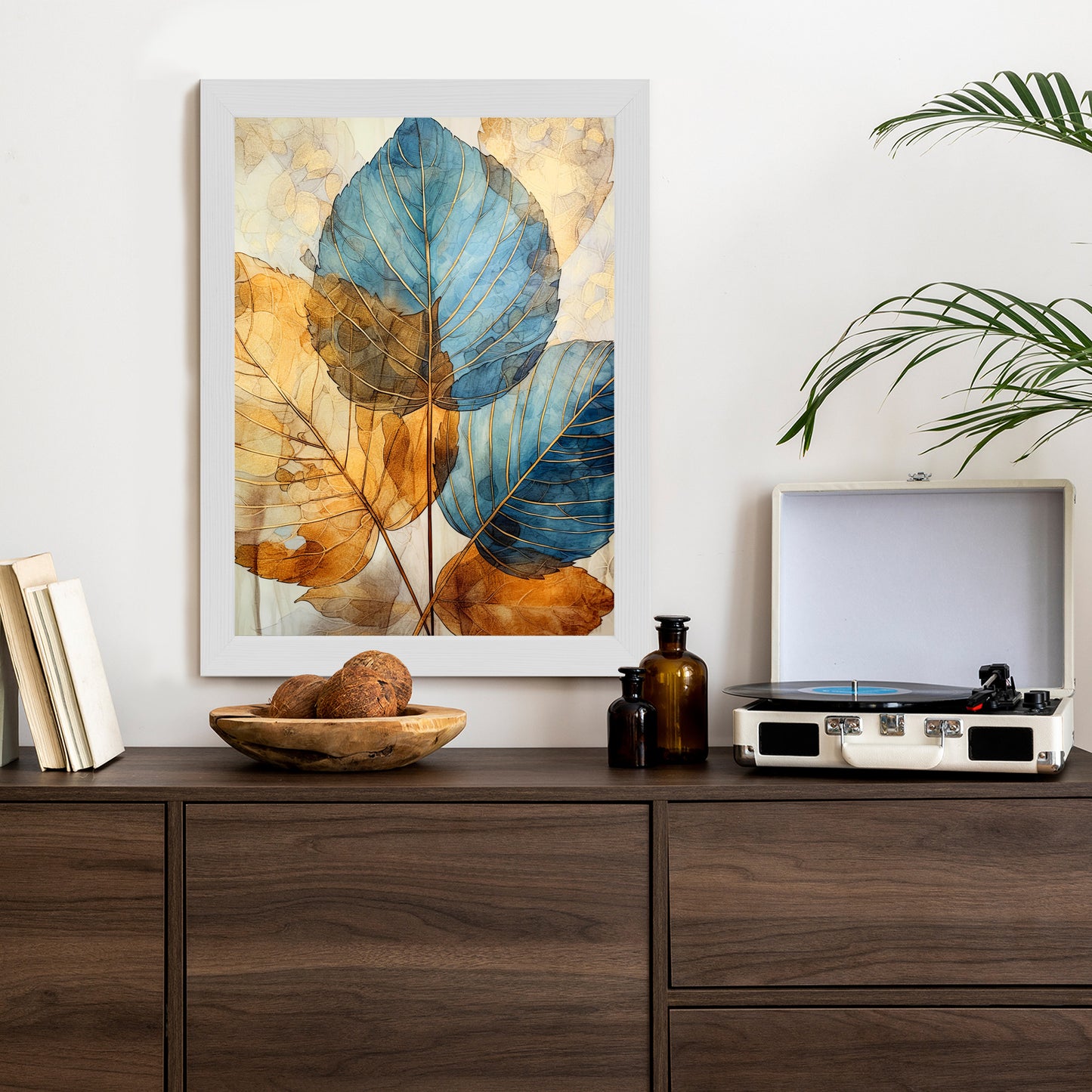 Poster Goldene Und Blaue Aquarellblätter Rahmen Holz Mit Passepartout Farbe Natürlich