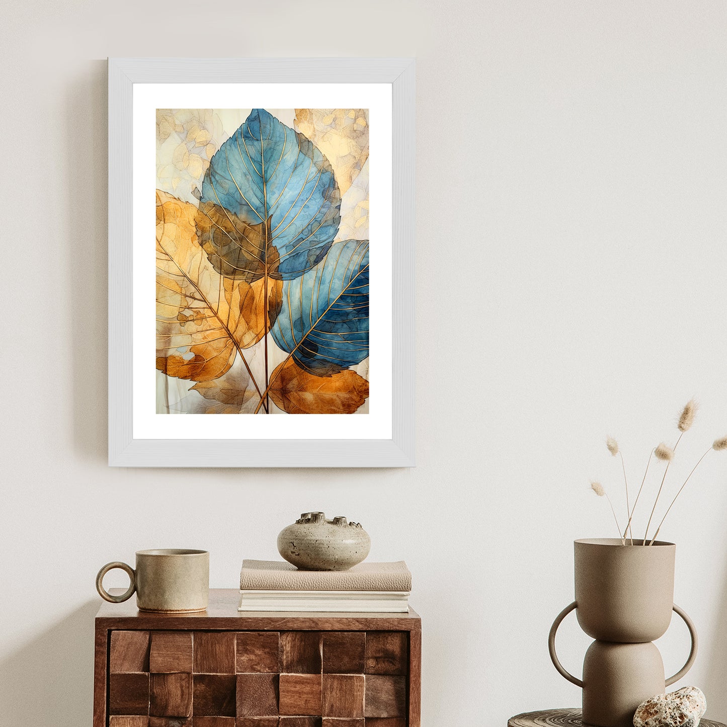 Poster Goldene Und Blaue Aquarellblätter Rahmen Holz Mit Passepartout Farbe Natürlich