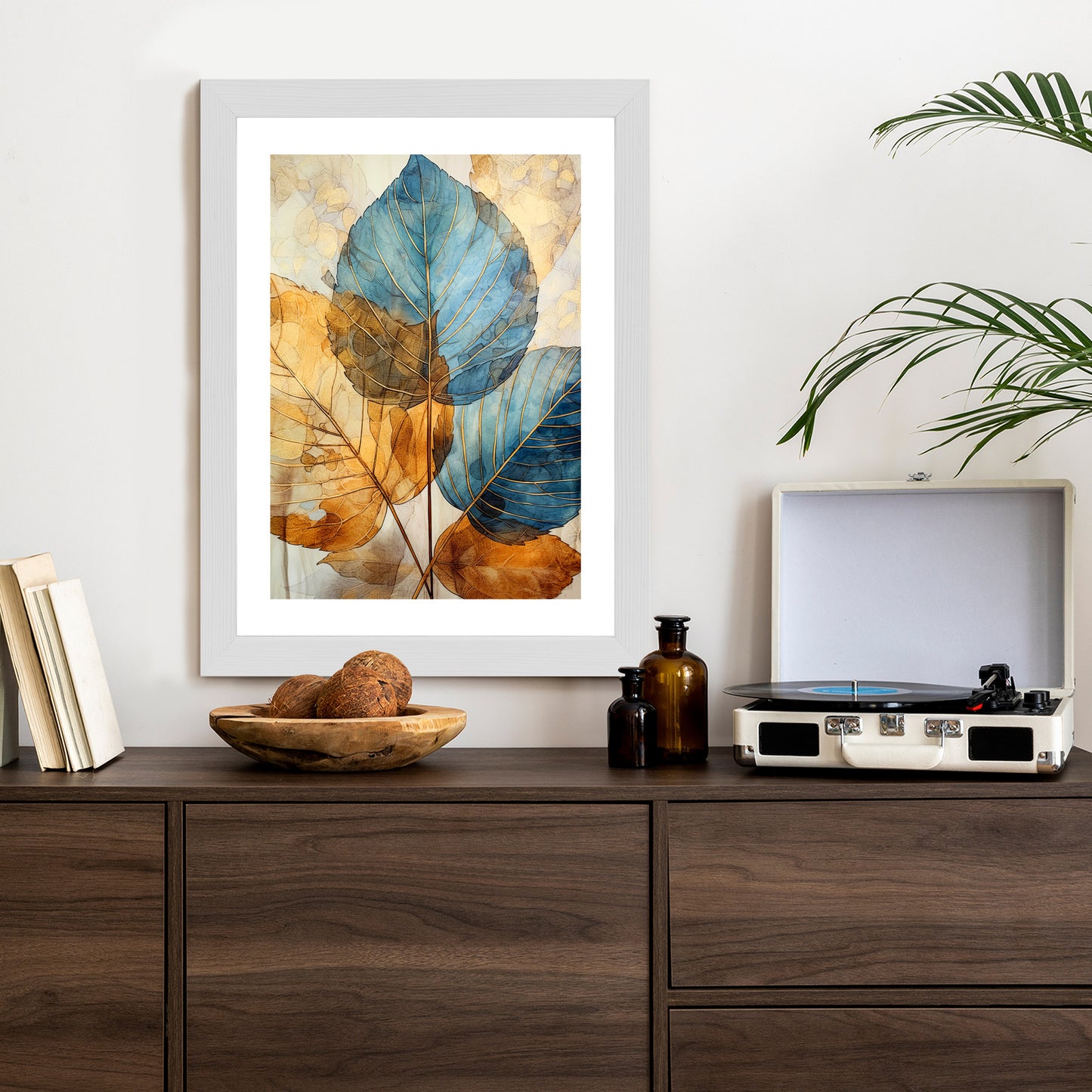 Poster Goldene Und Blaue Aquarellblätter Rahmen Holz Mit Passepartout Farbe Natürlich
