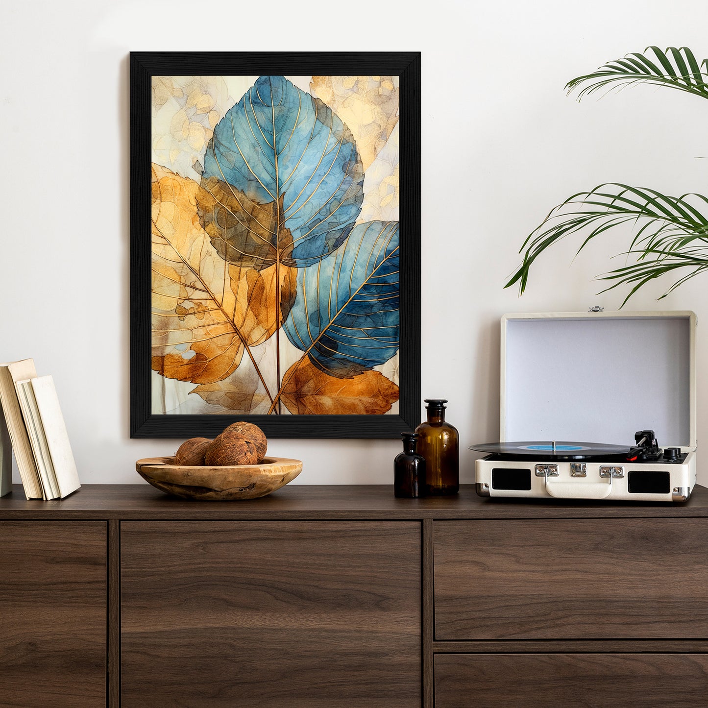 Poster Goldene Und Blaue Aquarellblätter Rahmen Holz Mit Passepartout Farbe Natürlich