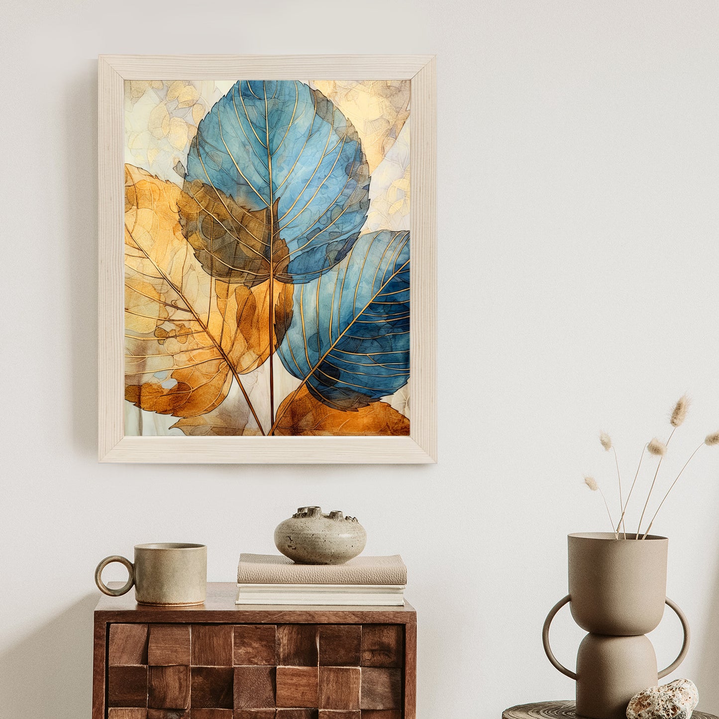 Poster Goldene Und Blaue Aquarellblätter Rahmen Holz Mit Passepartout Farbe Natürlich