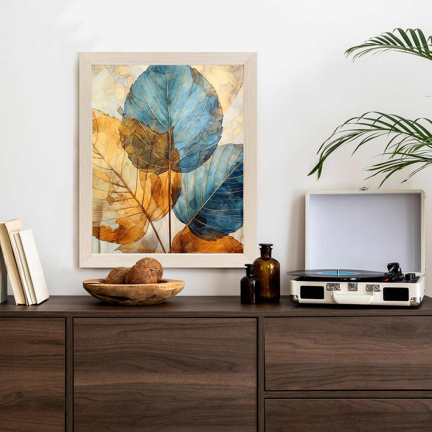 Poster Goldene Und Blaue Aquarellblätter Rahmen Holz Mit Passepartout Farbe Natürlich