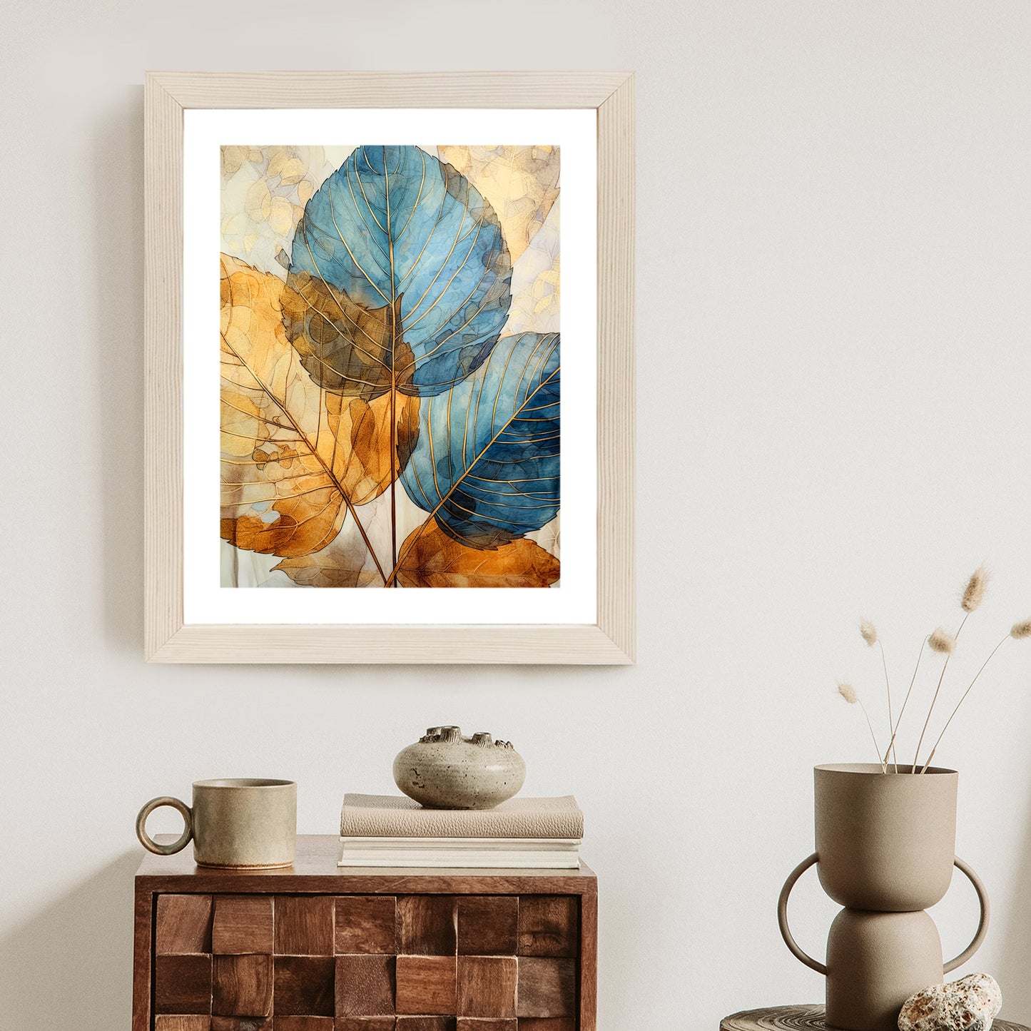 Poster Goldene Und Blaue Aquarellblätter Rahmen Holz Mit Passepartout Farbe Natürlich
