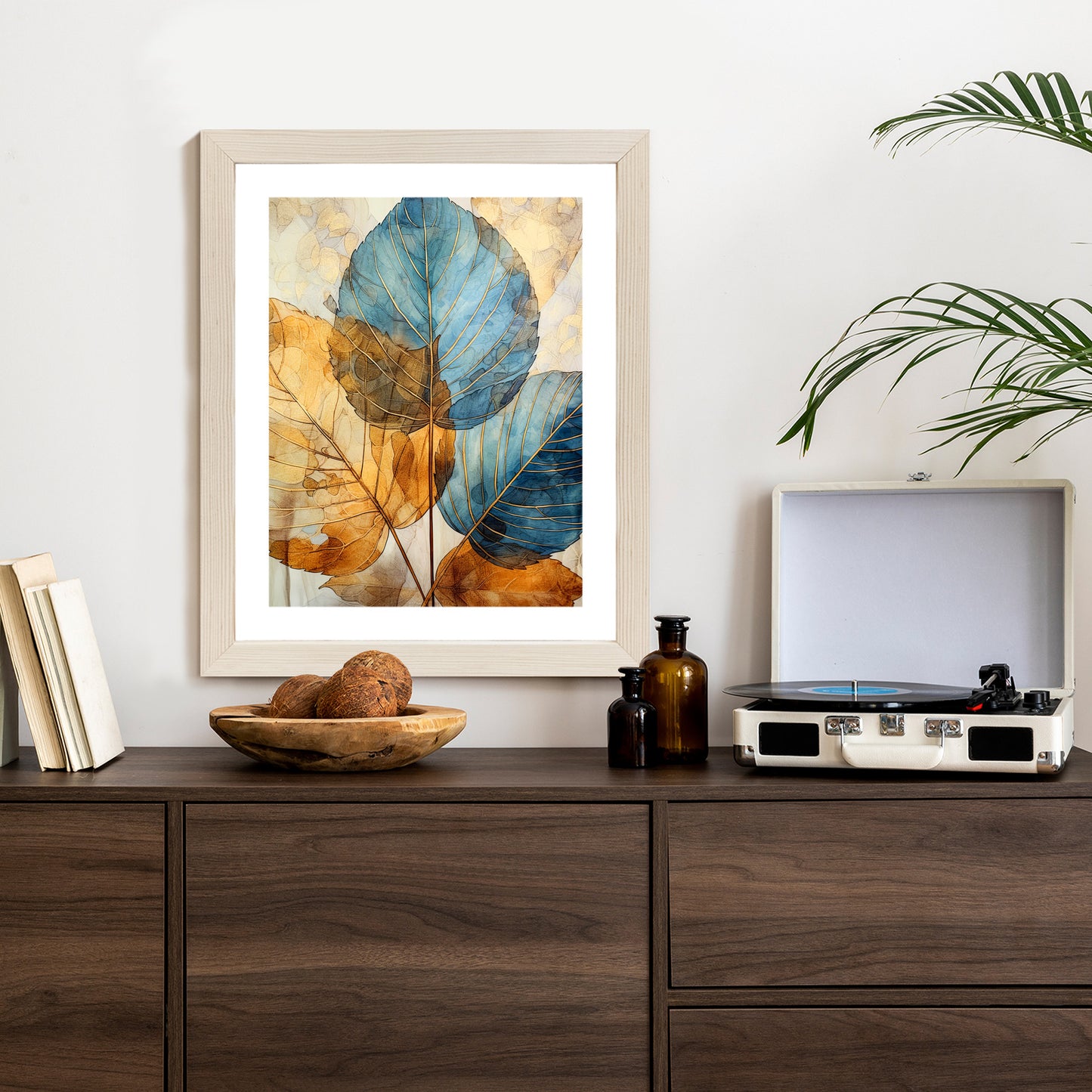 Poster Goldene Und Blaue Aquarellblätter Rahmen Holz Mit Passepartout Farbe Natürlich