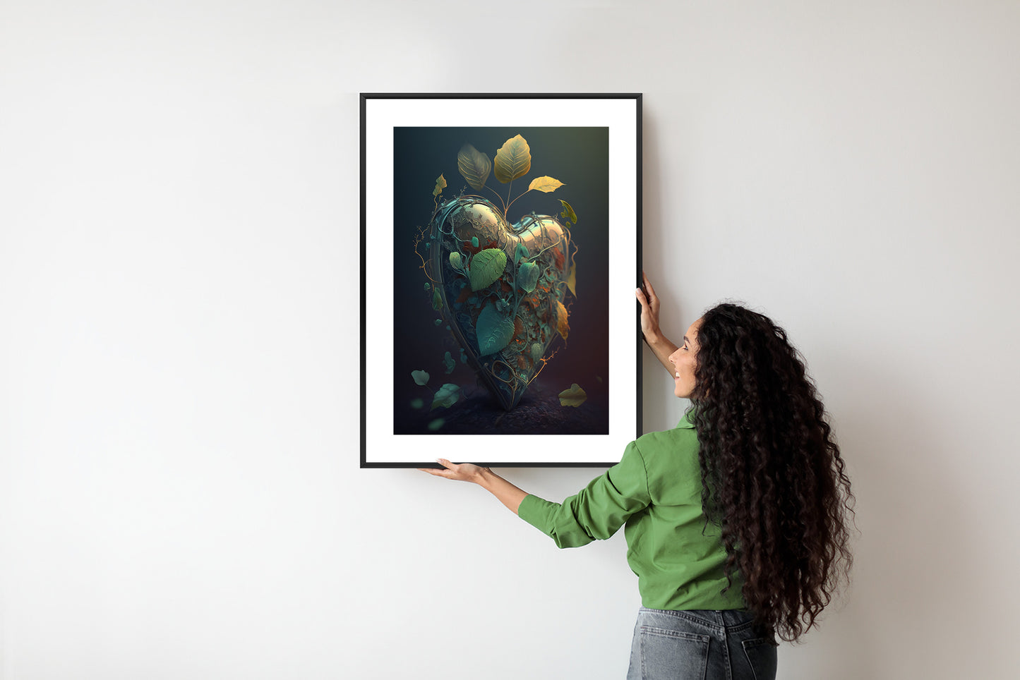 Poster Herz Und Grüne Vegetation Rahmen Holz Mit Passepartout Farbe Natürlich