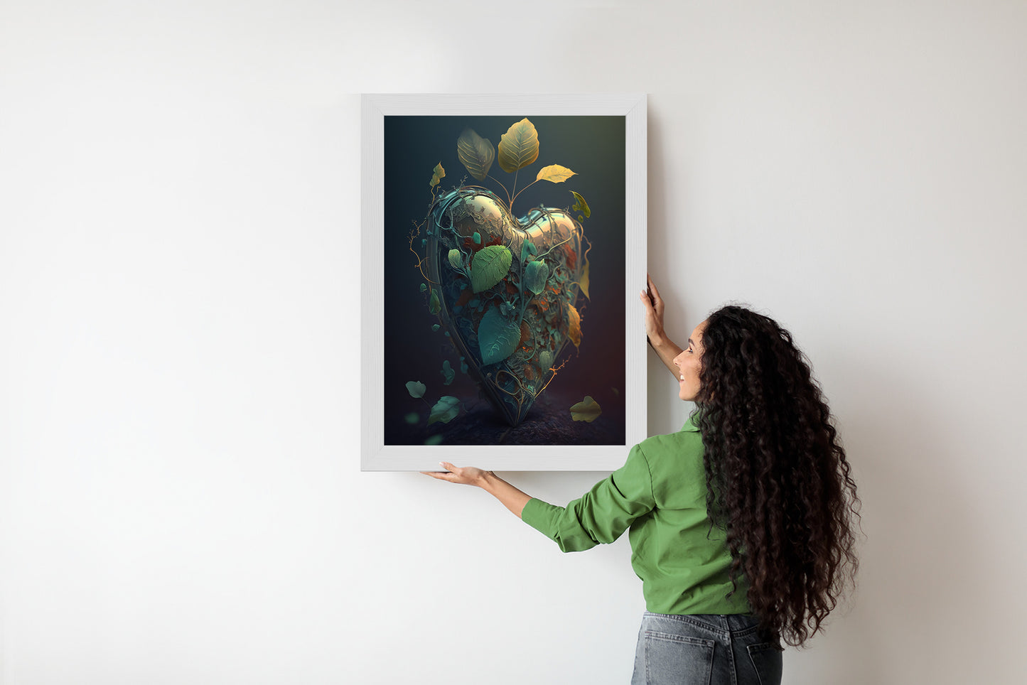 Poster Herz Und Grüne Vegetation Rahmen Holz Mit Passepartout Farbe Natürlich