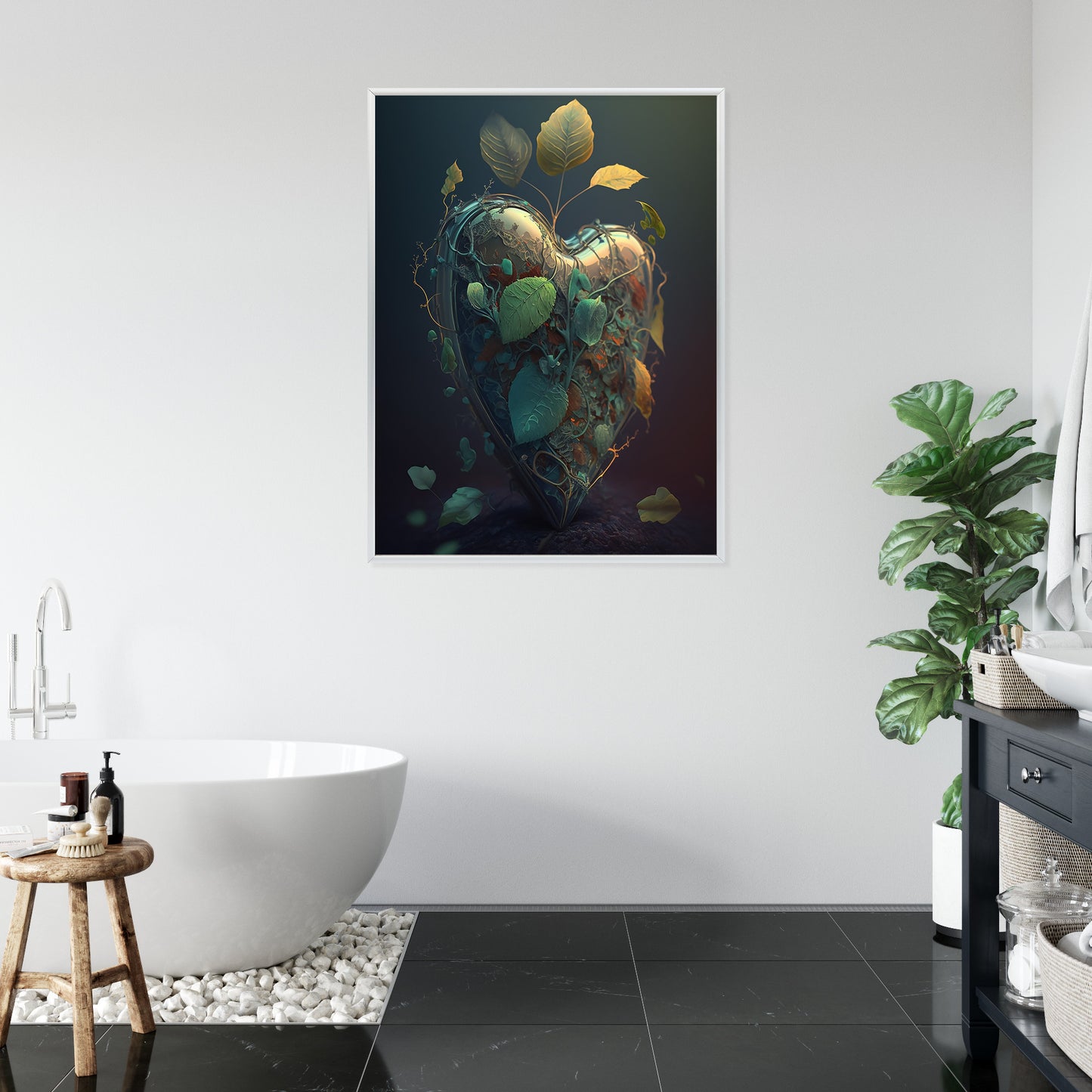 Poster Herz Und Grüne Vegetation Rahmen Holz Mit Passepartout Farbe Natürlich