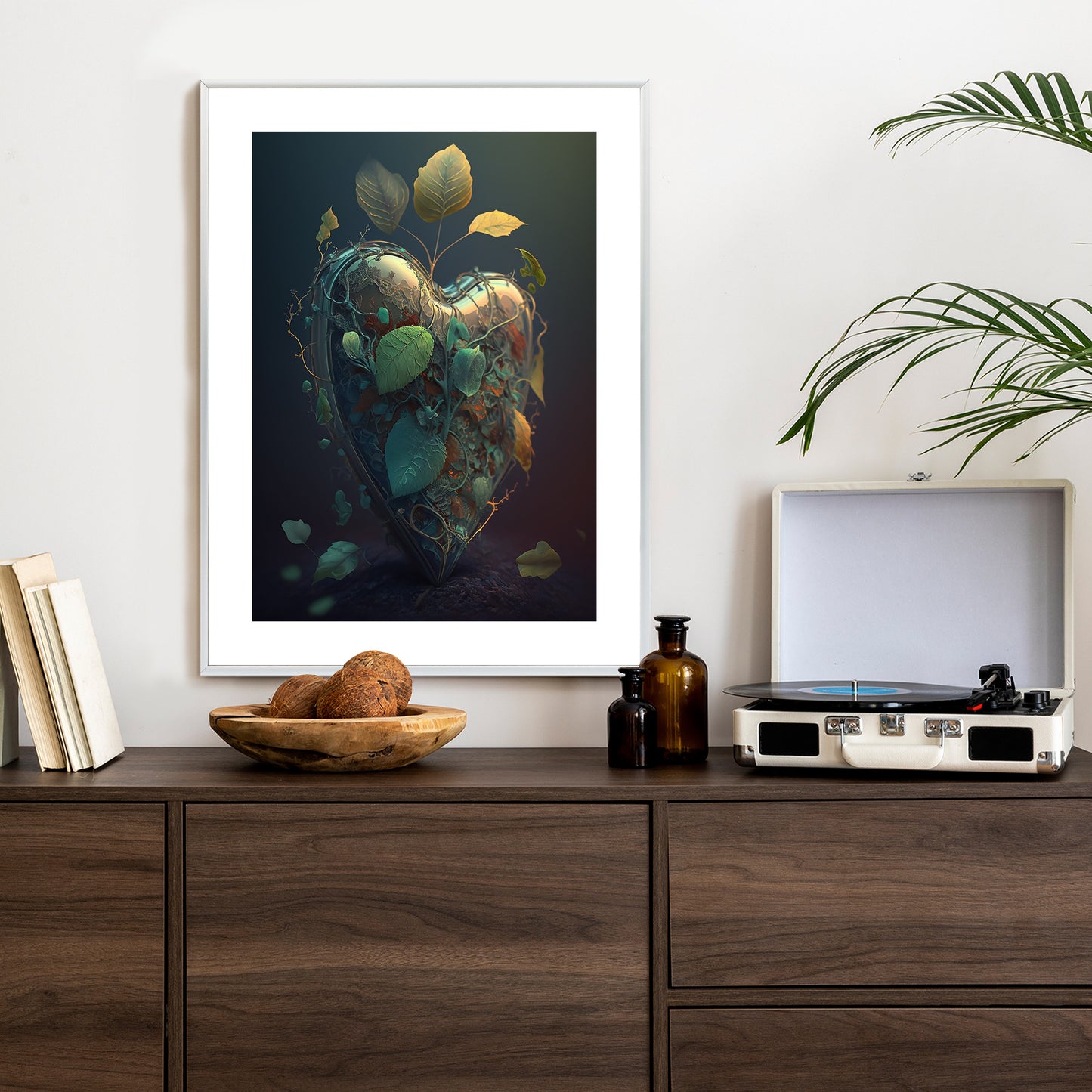 Poster Herz Und Grüne Vegetation Rahmen Holz Mit Passepartout Farbe Natürlich