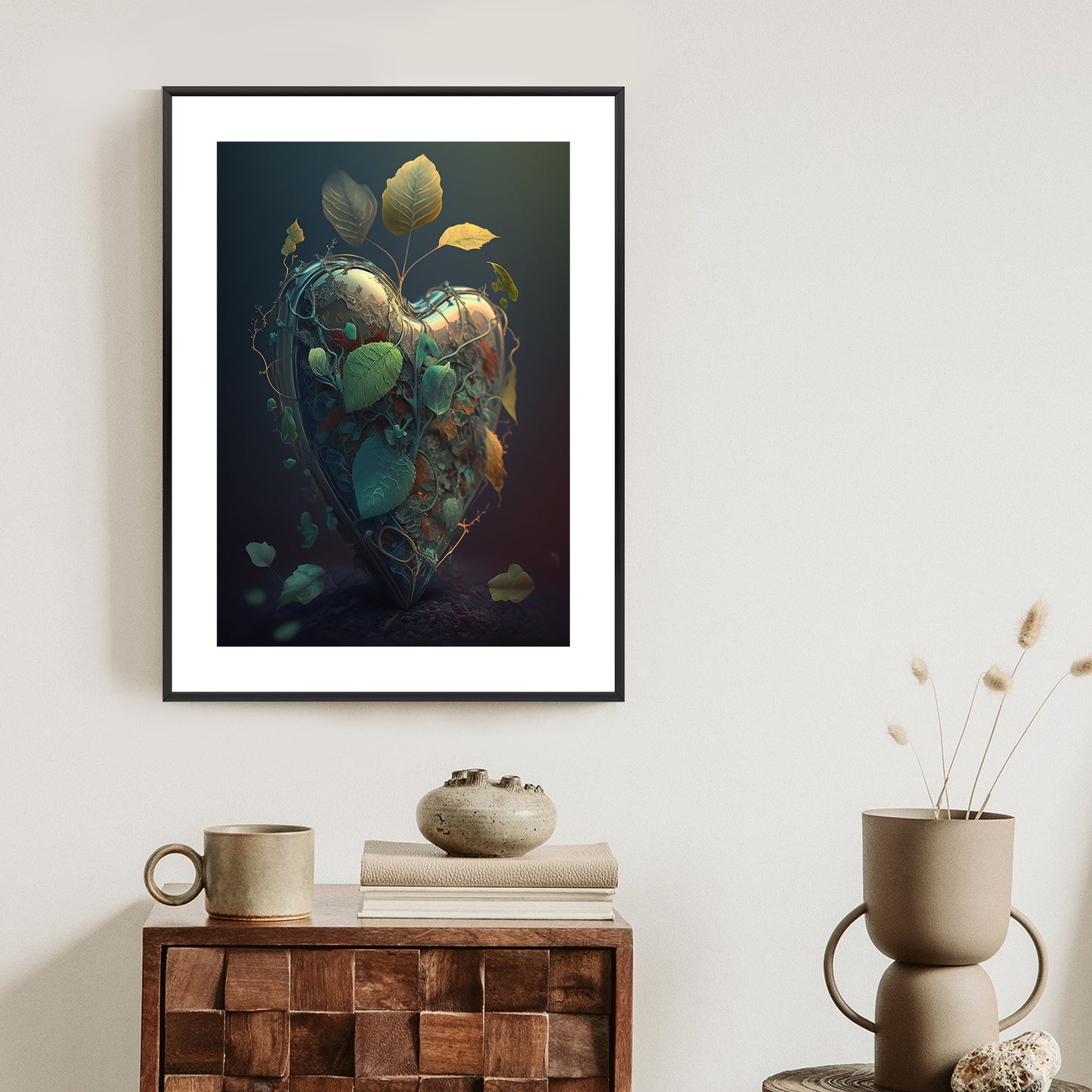 Poster Herz Und Grüne Vegetation Rahmen Holz Mit Passepartout Farbe Natürlich