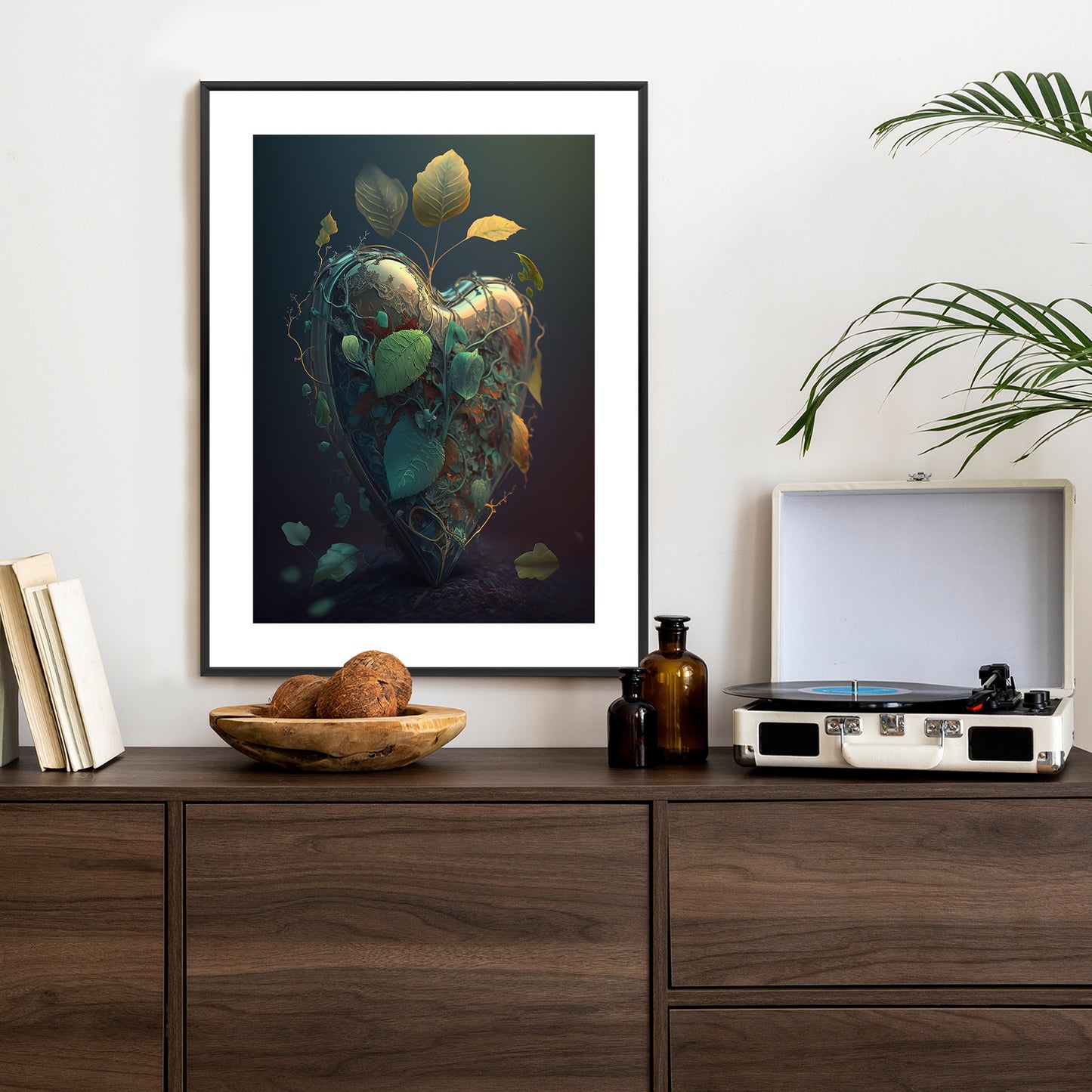 Poster Herz Und Grüne Vegetation Rahmen Holz Mit Passepartout Farbe Natürlich