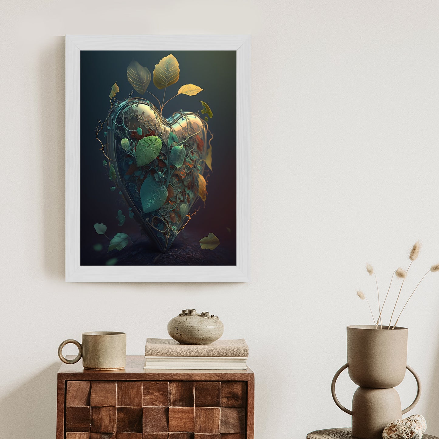 Poster Herz Und Grüne Vegetation Rahmen Holz Mit Passepartout Farbe Natürlich