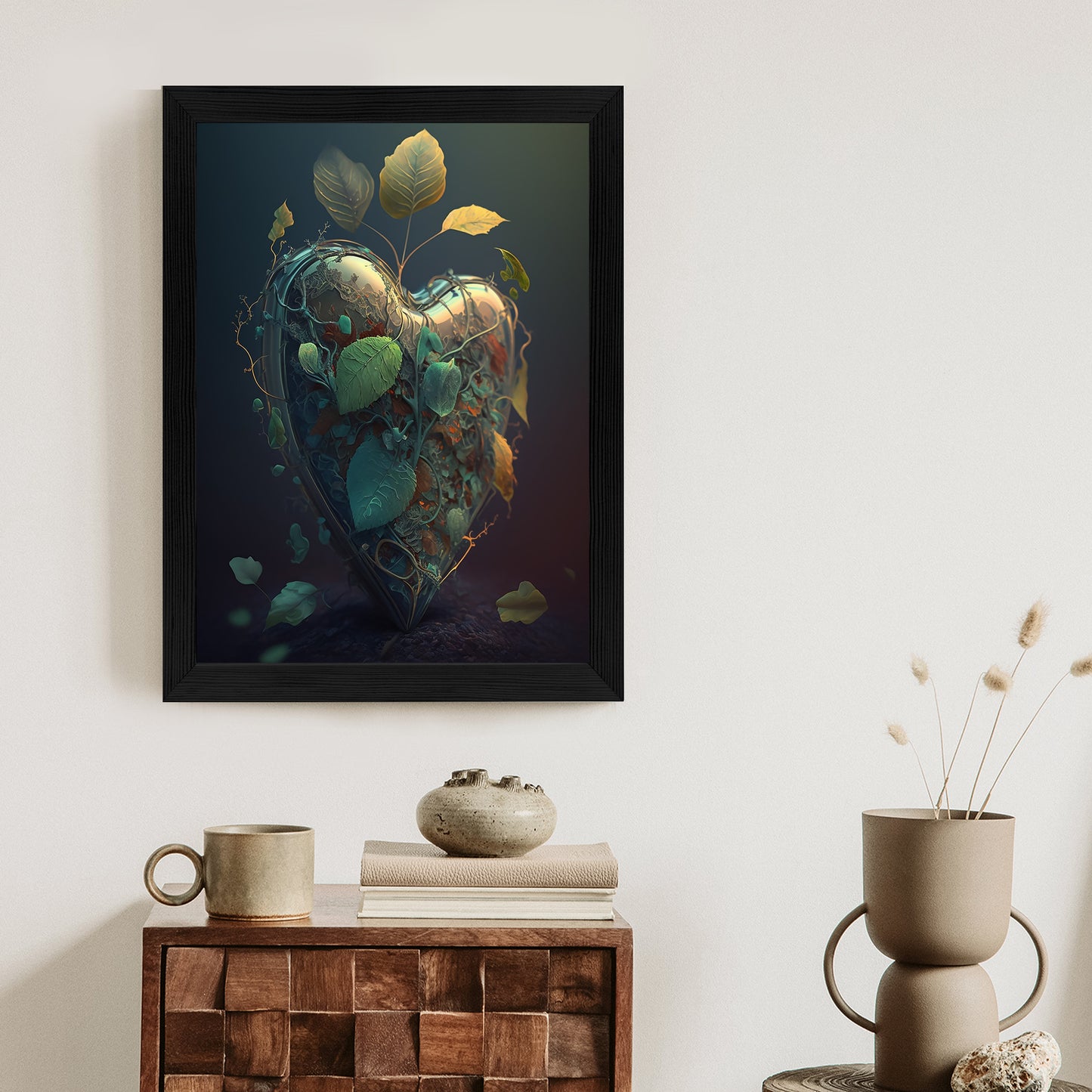 Poster Herz Und Grüne Vegetation Rahmen Holz Mit Passepartout Farbe Natürlich