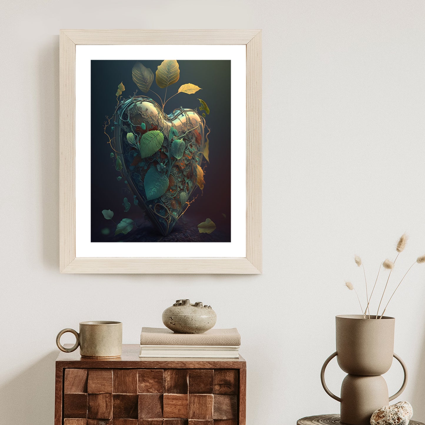 Poster Herz Und Grüne Vegetation Rahmen Holz Mit Passepartout Farbe Natürlich