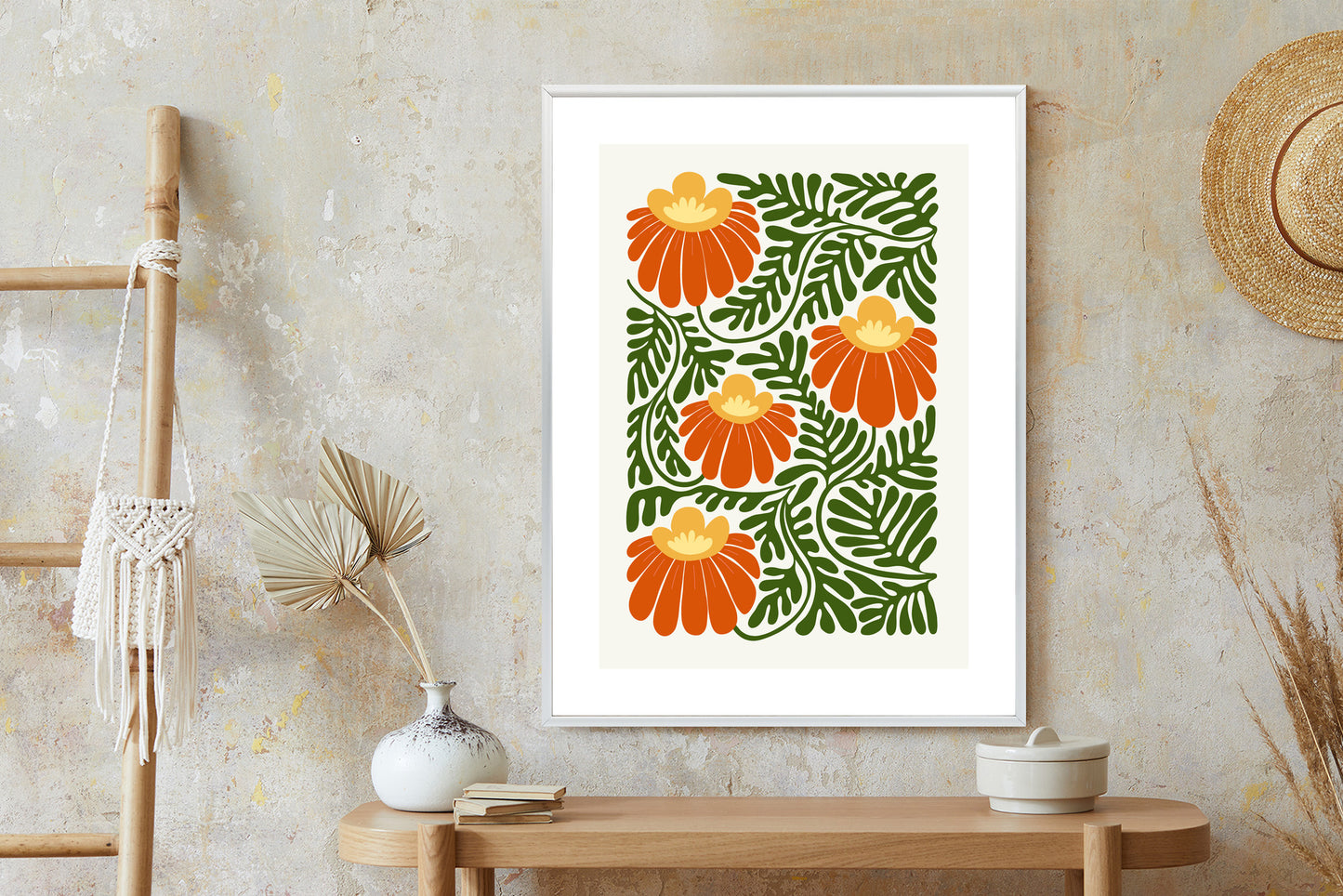 Poster Rote Blumen Im Stil Von Matisse Rahmen Holz Mit Passepartout Farbe Natürlich
