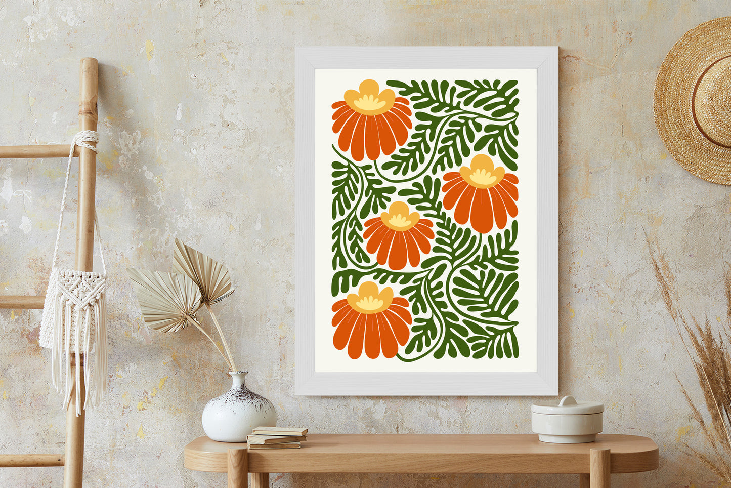 Poster Rote Blumen Im Stil Von Matisse Rahmen Holz Mit Passepartout Farbe Natürlich