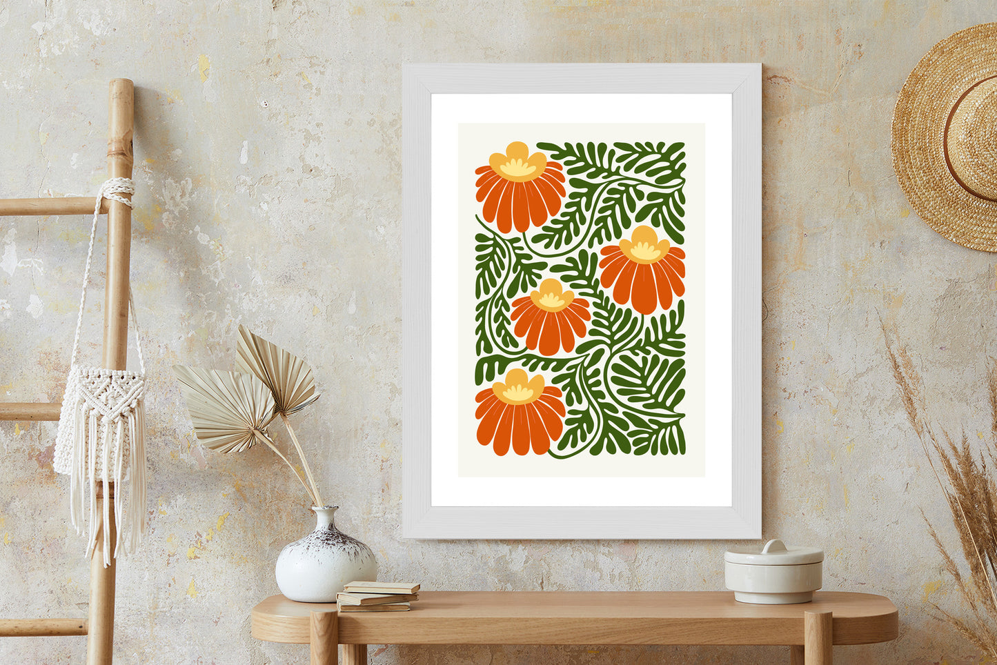 Poster Rote Blumen Im Stil Von Matisse Rahmen Holz Mit Passepartout Farbe Natürlich