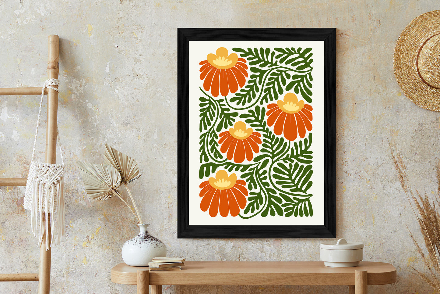 Poster Rote Blumen Im Stil Von Matisse Rahmen Holz Mit Passepartout Farbe Natürlich