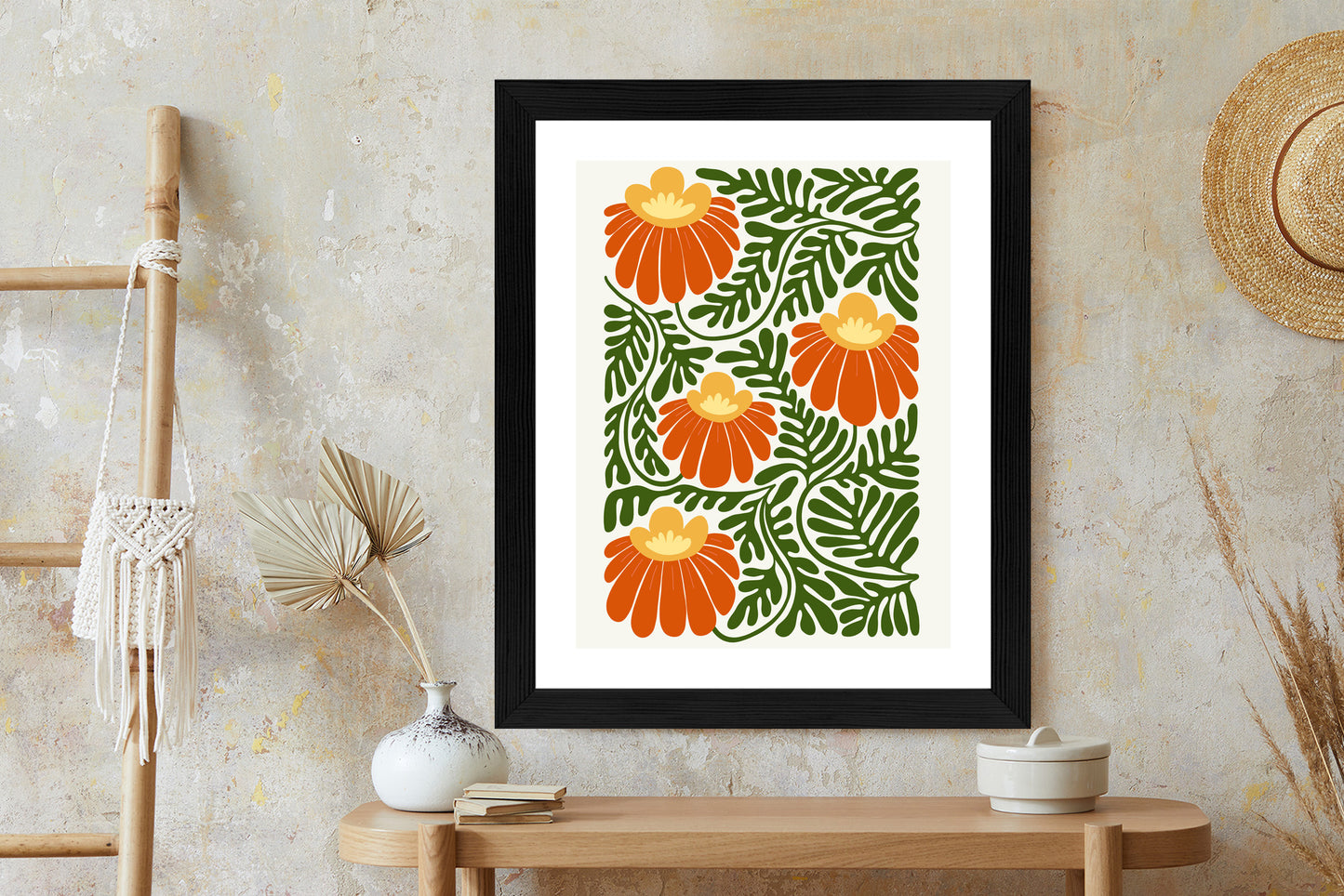 Poster Rote Blumen Im Stil Von Matisse Rahmen Holz Mit Passepartout Farbe Natürlich