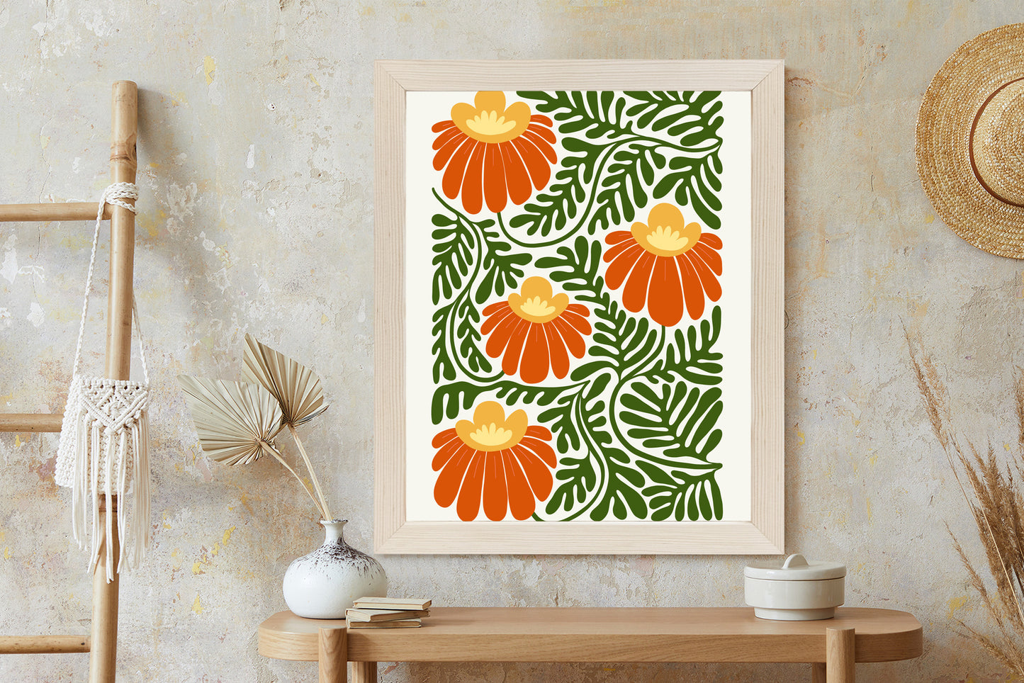 Poster Rote Blumen Im Stil Von Matisse Rahmen Holz Mit Passepartout Farbe Natürlich
