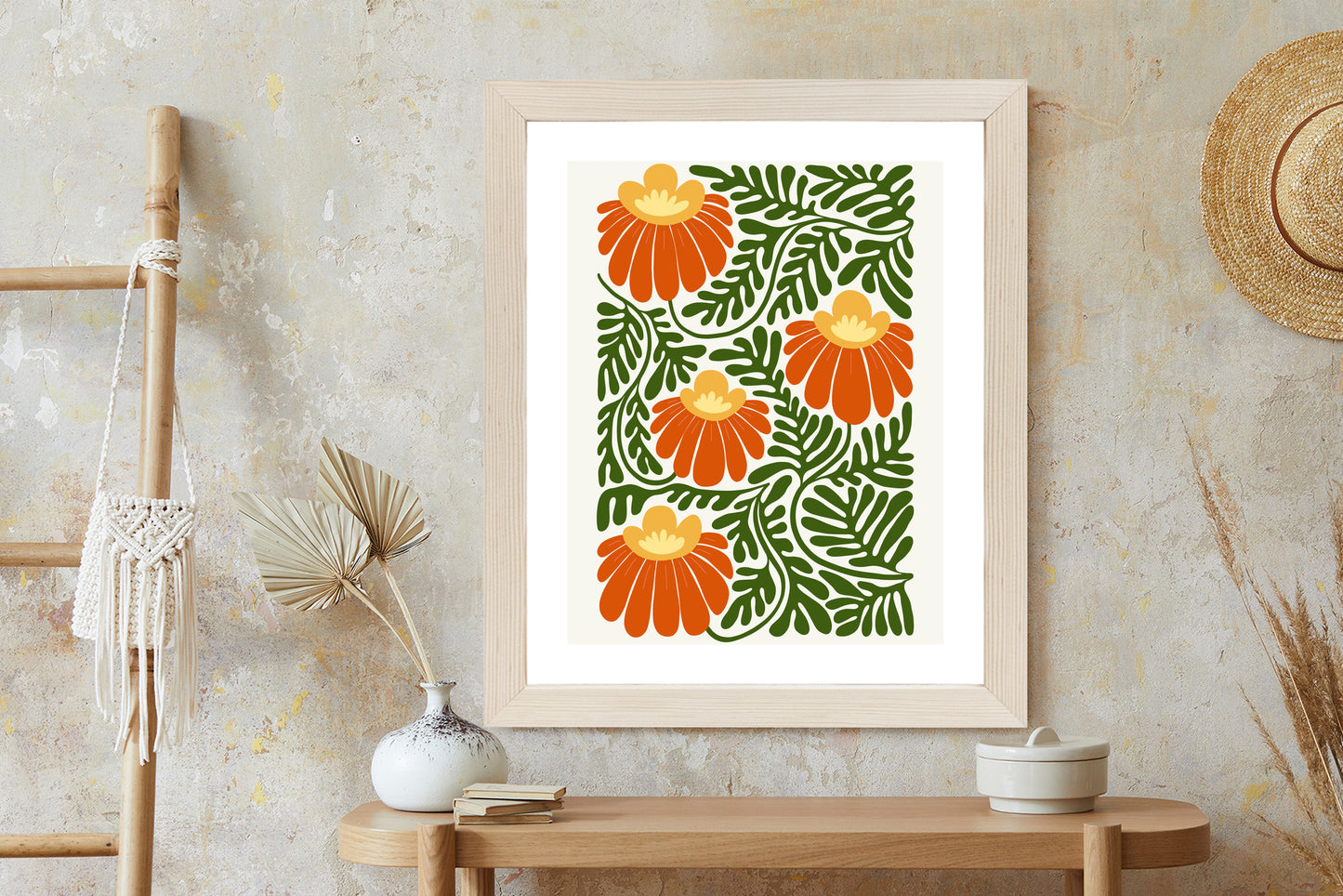 Poster Rote Blumen Im Stil Von Matisse Rahmen Holz Mit Passepartout Farbe Natürlich