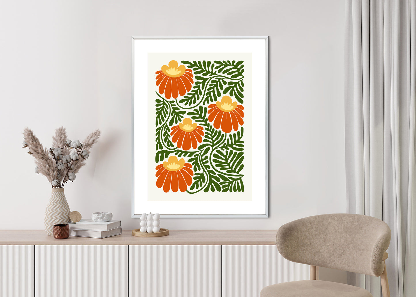 Poster Rote Blumen Im Stil Von Matisse Rahmen Holz Mit Passepartout Farbe Natürlich