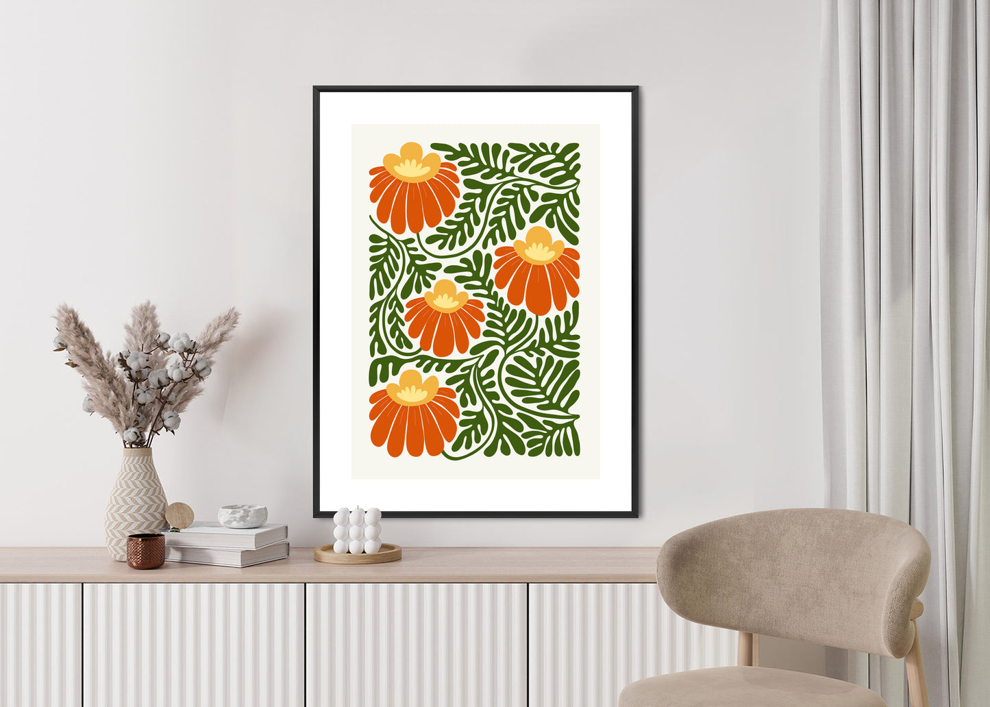 Poster Rote Blumen Im Stil Von Matisse Rahmen Holz Mit Passepartout Farbe Natürlich