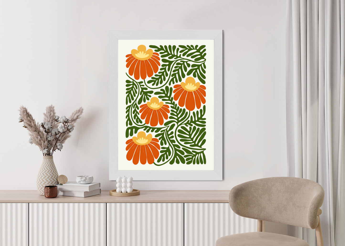 Poster Rote Blumen Im Stil Von Matisse Rahmen Holz Mit Passepartout Farbe Natürlich