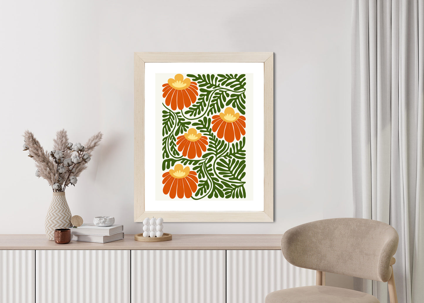 Poster Rote Blumen Im Stil Von Matisse Rahmen Holz Mit Passepartout Farbe Natürlich