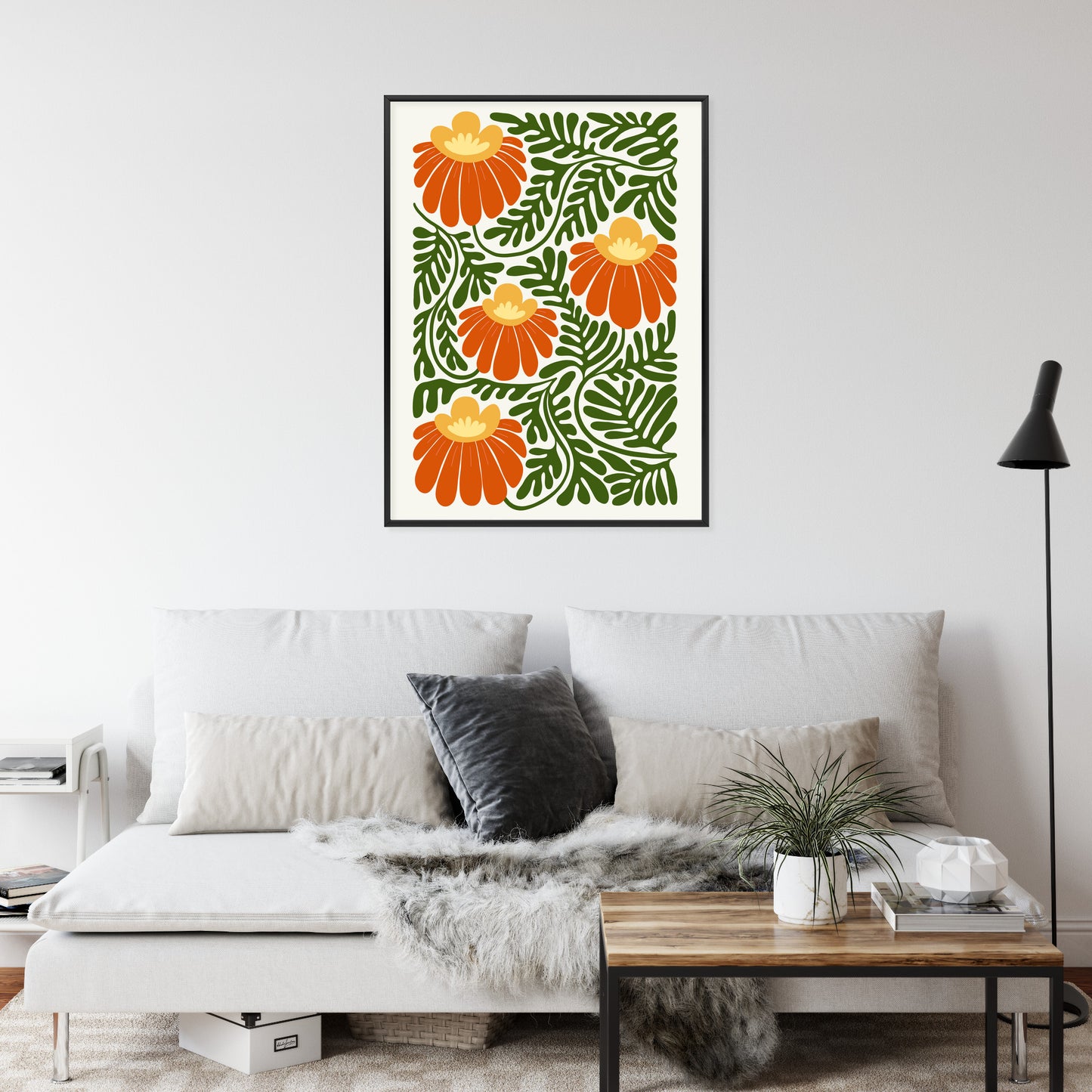 Poster Rote Blumen Im Stil Von Matisse Rahmen Holz Mit Passepartout Farbe Natürlich