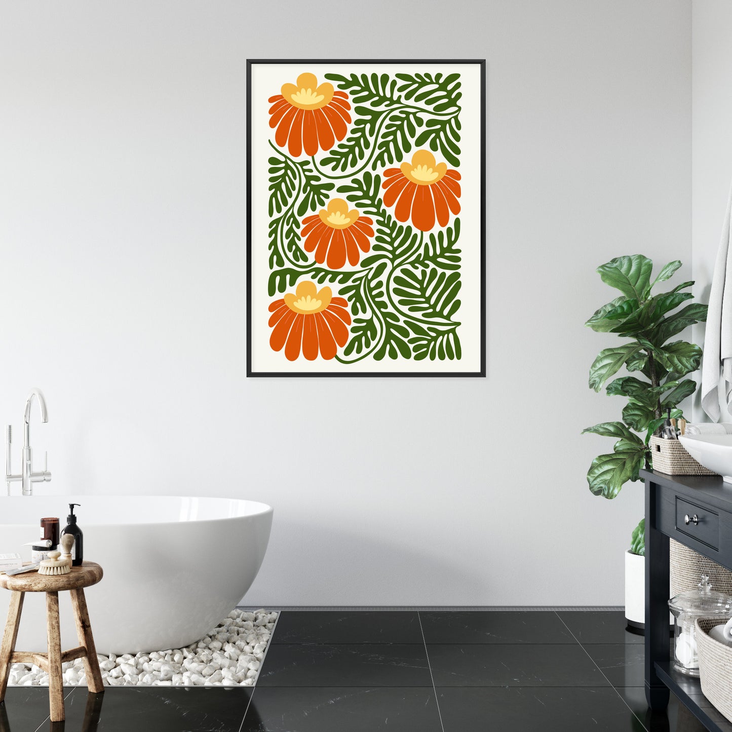 Poster Rote Blumen Im Stil Von Matisse Rahmen Holz Mit Passepartout Farbe Natürlich