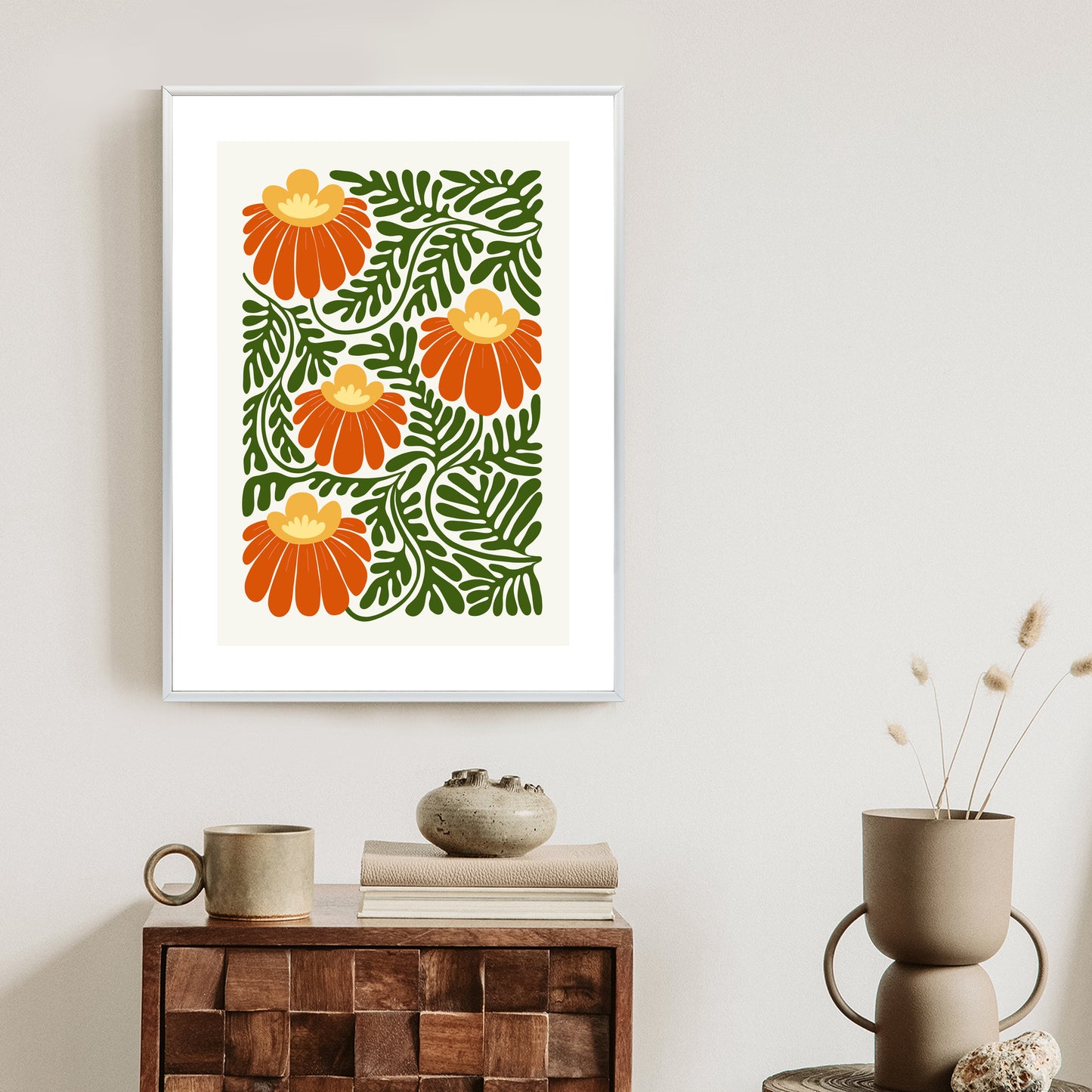 Poster Rote Blumen Im Stil Von Matisse Rahmen Holz Mit Passepartout Farbe Natürlich