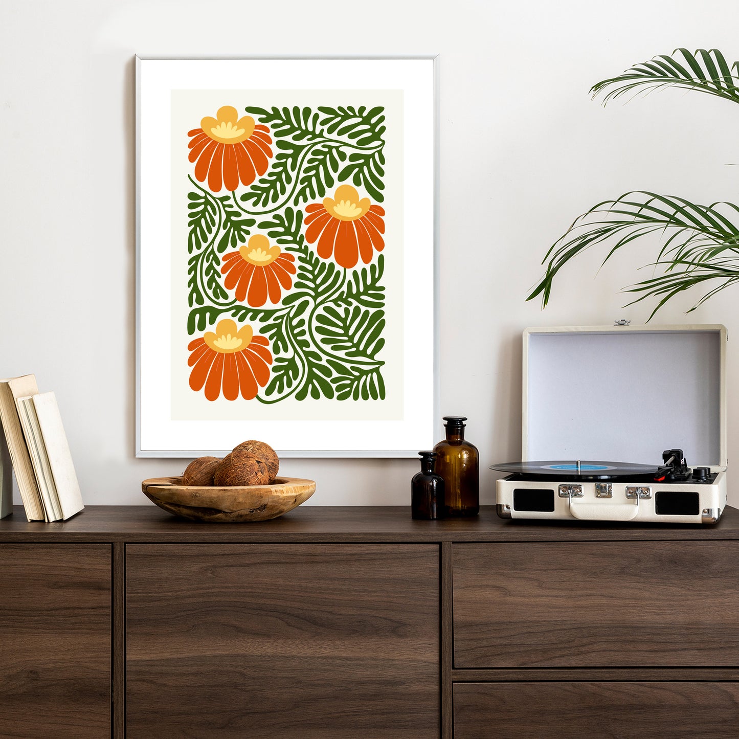Poster Rote Blumen Im Stil Von Matisse Rahmen Holz Mit Passepartout Farbe Natürlich