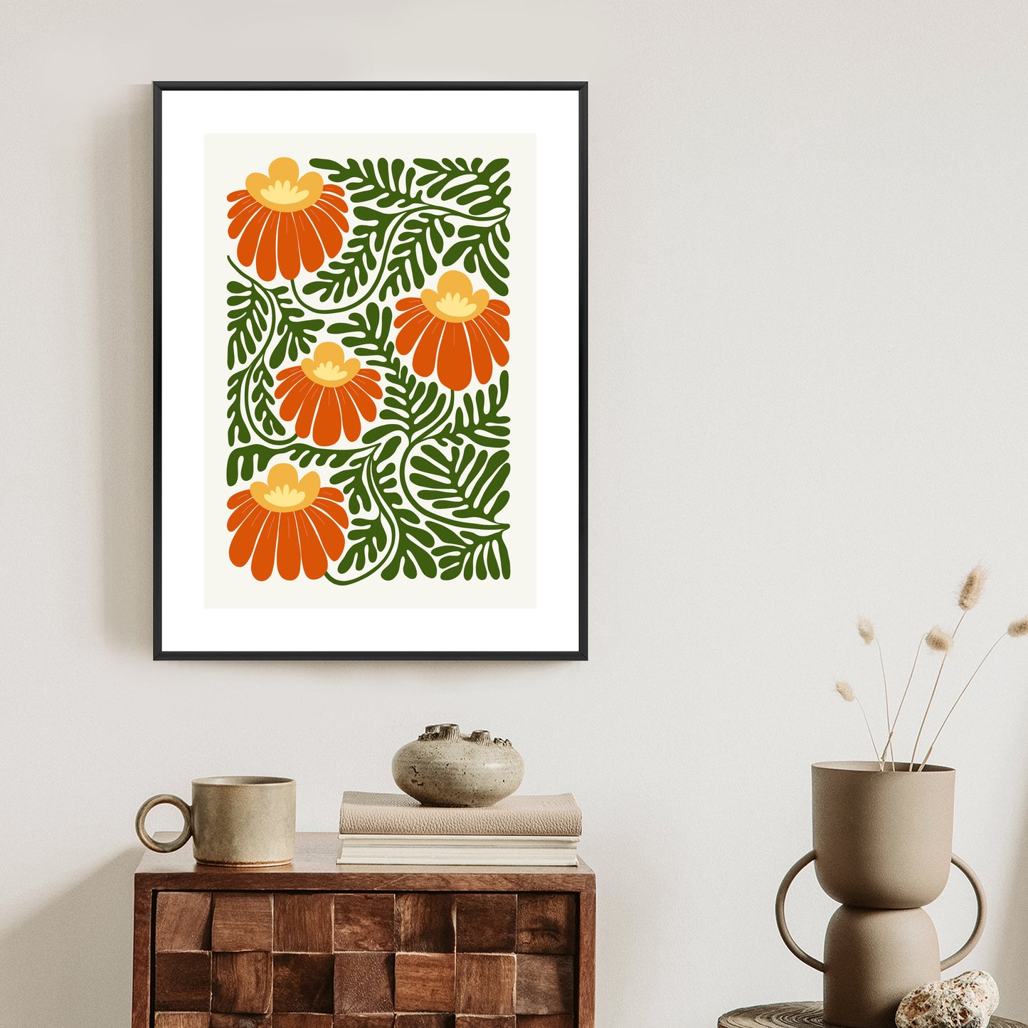 Poster Rote Blumen Im Stil Von Matisse Rahmen Holz Mit Passepartout Farbe Natürlich
