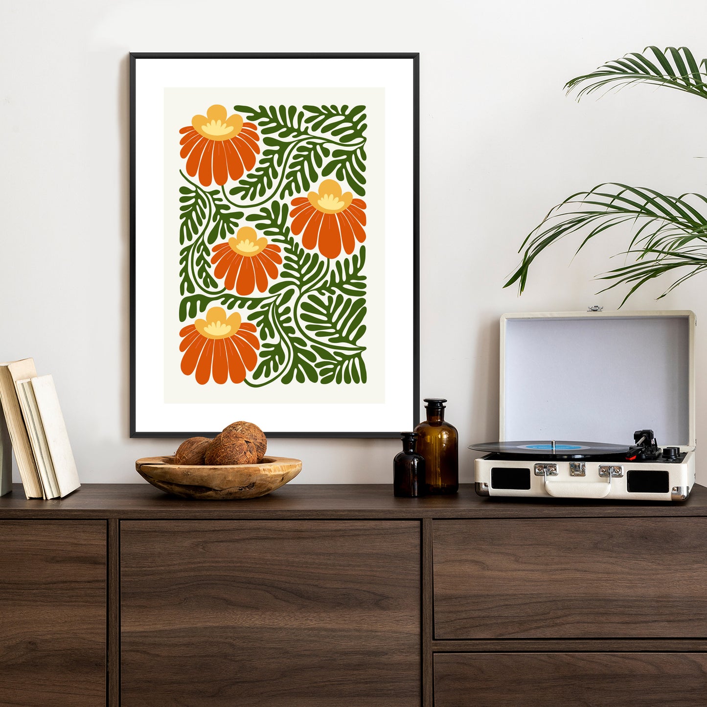 Poster Rote Blumen Im Stil Von Matisse Rahmen Holz Mit Passepartout Farbe Natürlich