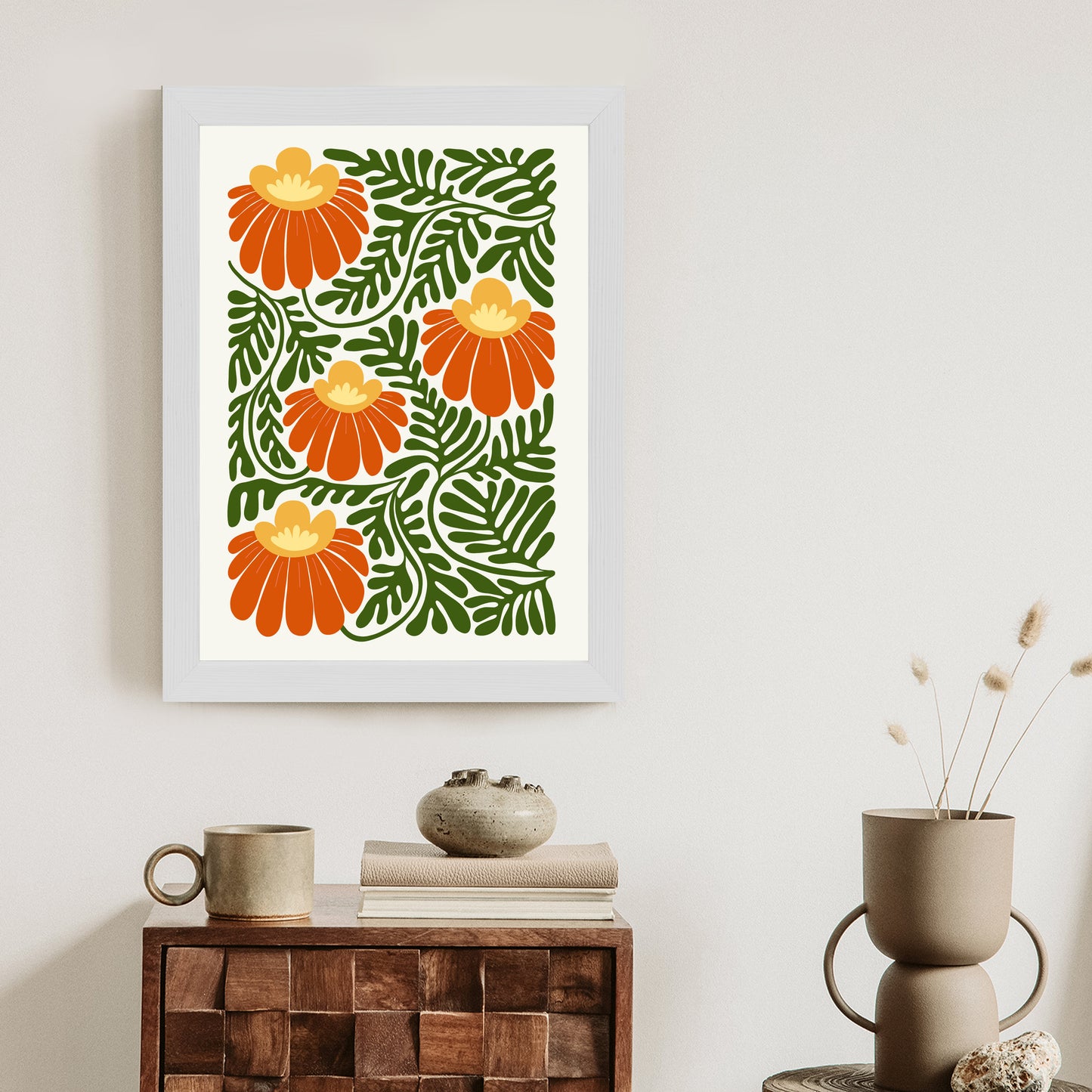 Poster Rote Blumen Im Stil Von Matisse Rahmen Holz Mit Passepartout Farbe Natürlich