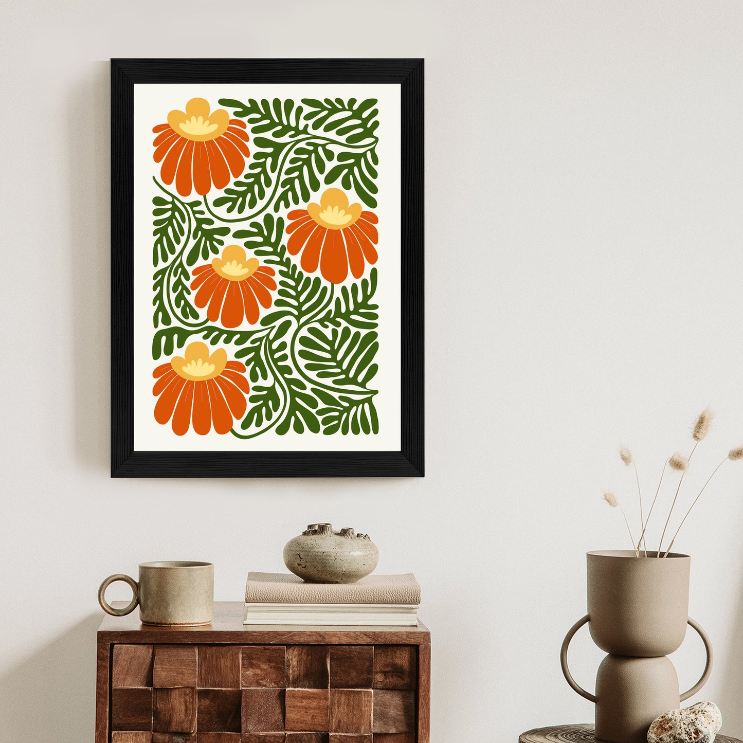 Poster Rote Blumen Im Stil Von Matisse Rahmen Holz Mit Passepartout Farbe Natürlich
