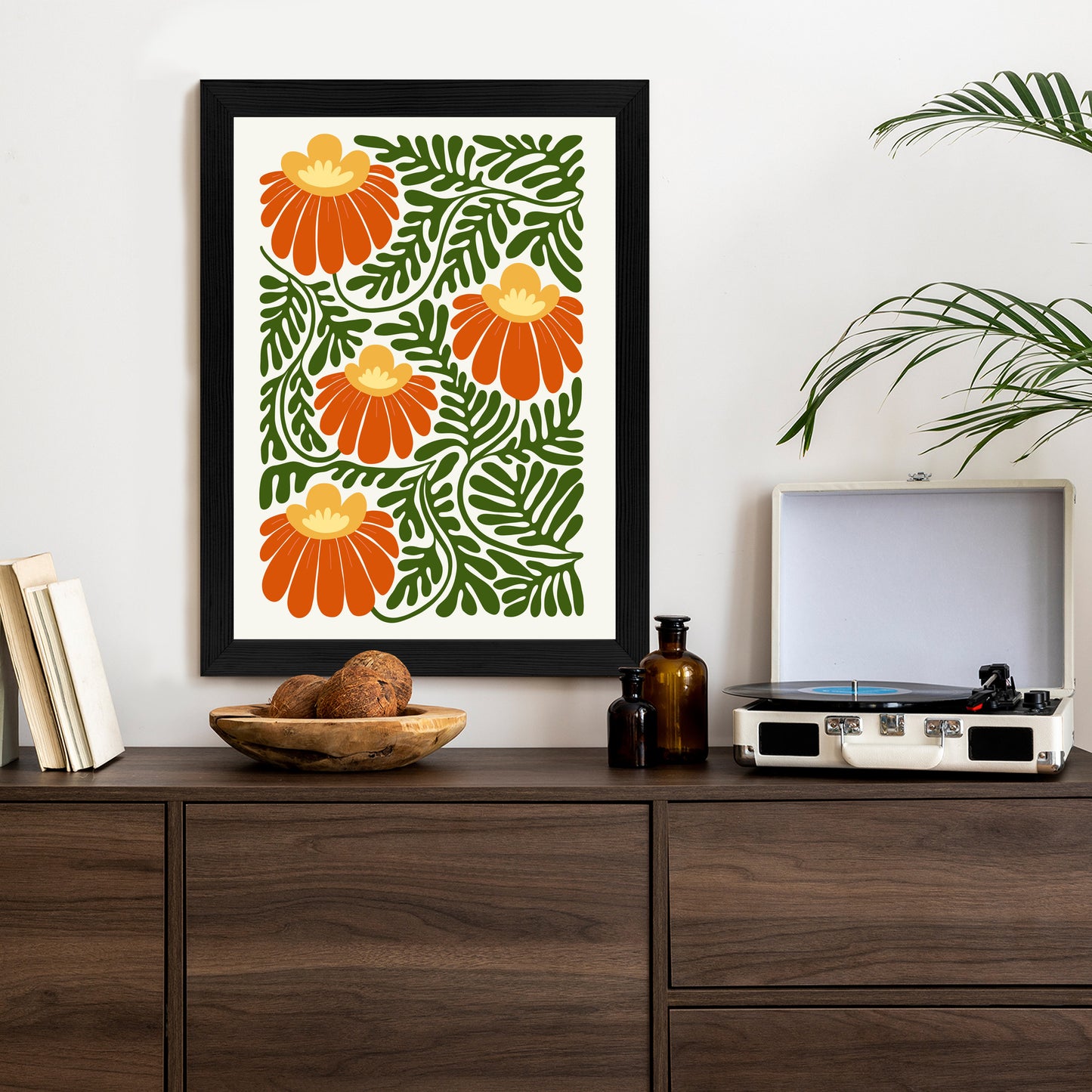 Poster Rote Blumen Im Stil Von Matisse Rahmen Holz Mit Passepartout Farbe Natürlich