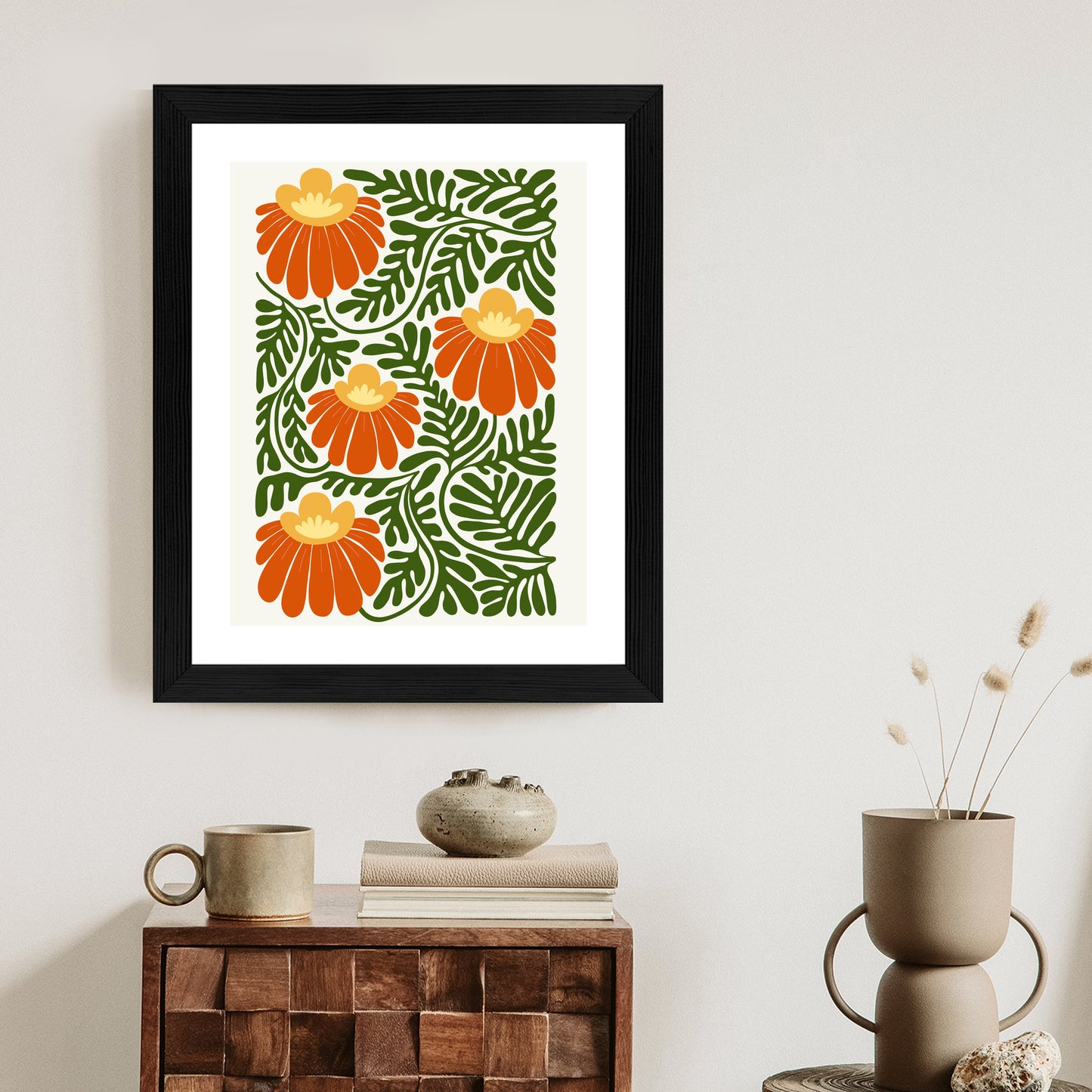 Poster Rote Blumen Im Stil Von Matisse Rahmen Holz Mit Passepartout Farbe Natürlich