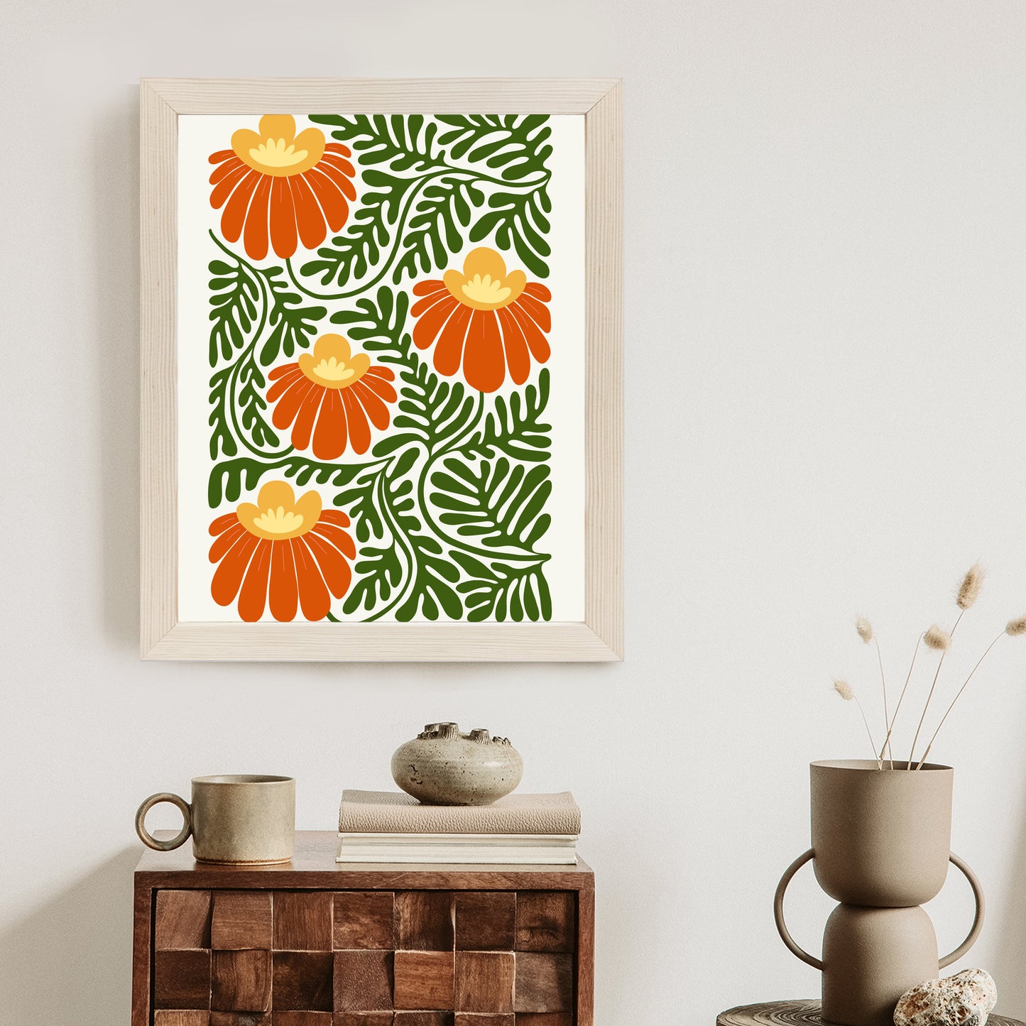 Poster Rote Blumen Im Stil Von Matisse Rahmen Holz Mit Passepartout Farbe Natürlich