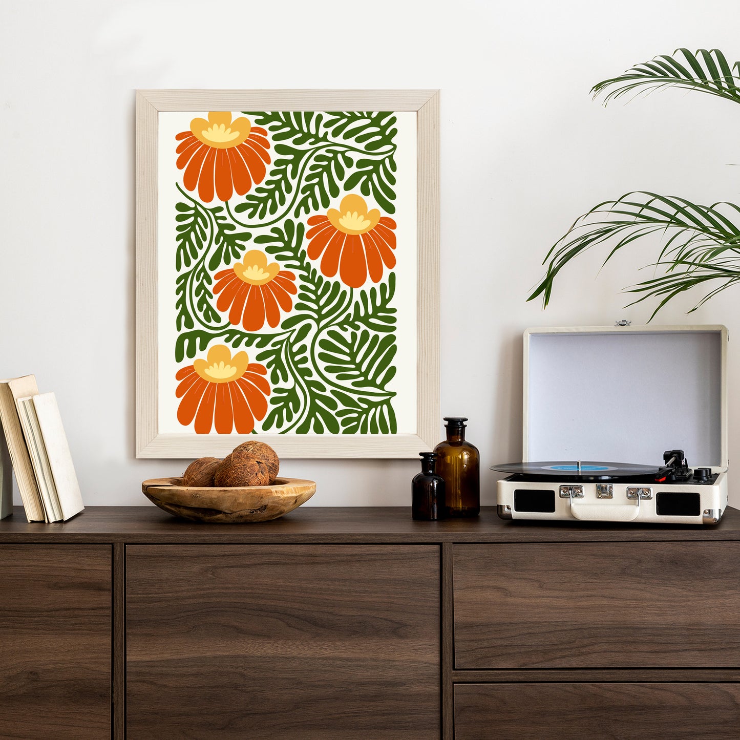 Poster Rote Blumen Im Stil Von Matisse Rahmen Holz Mit Passepartout Farbe Natürlich